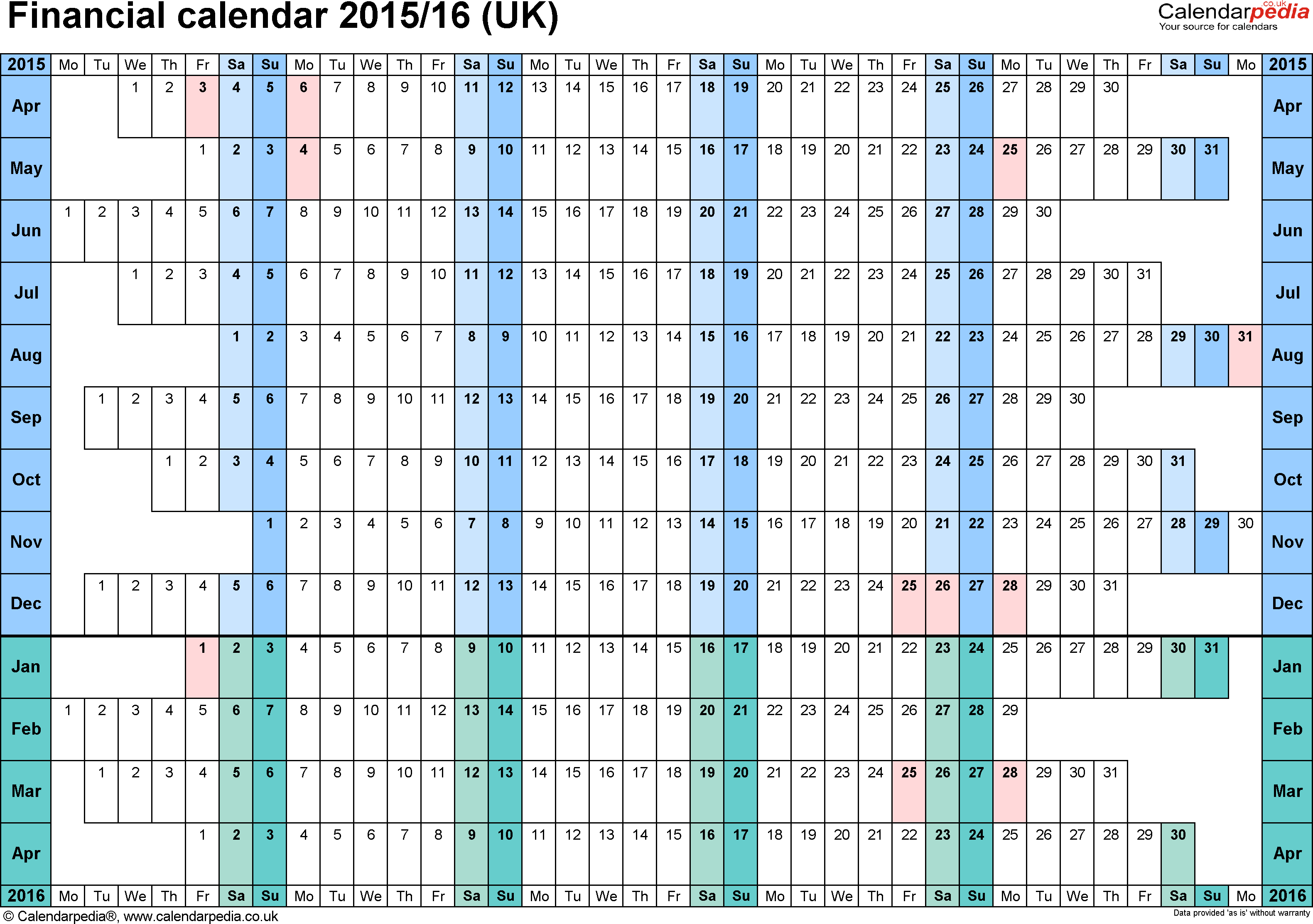 Financial Calendars 2015/16 (Uk) In Microsoft Excel Format