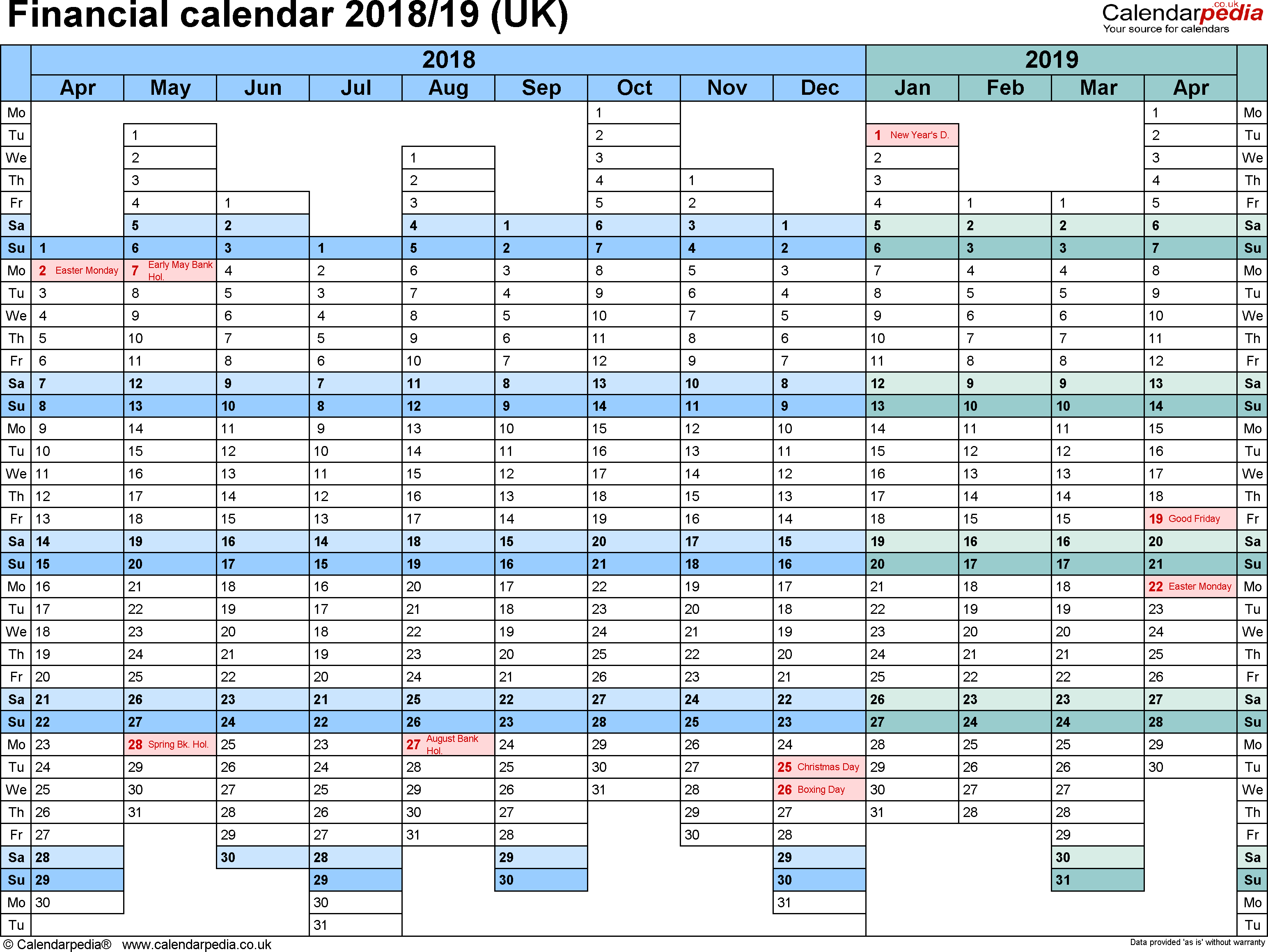 Financial Calendars 2018/19 (Uk) In Pdf Format Within