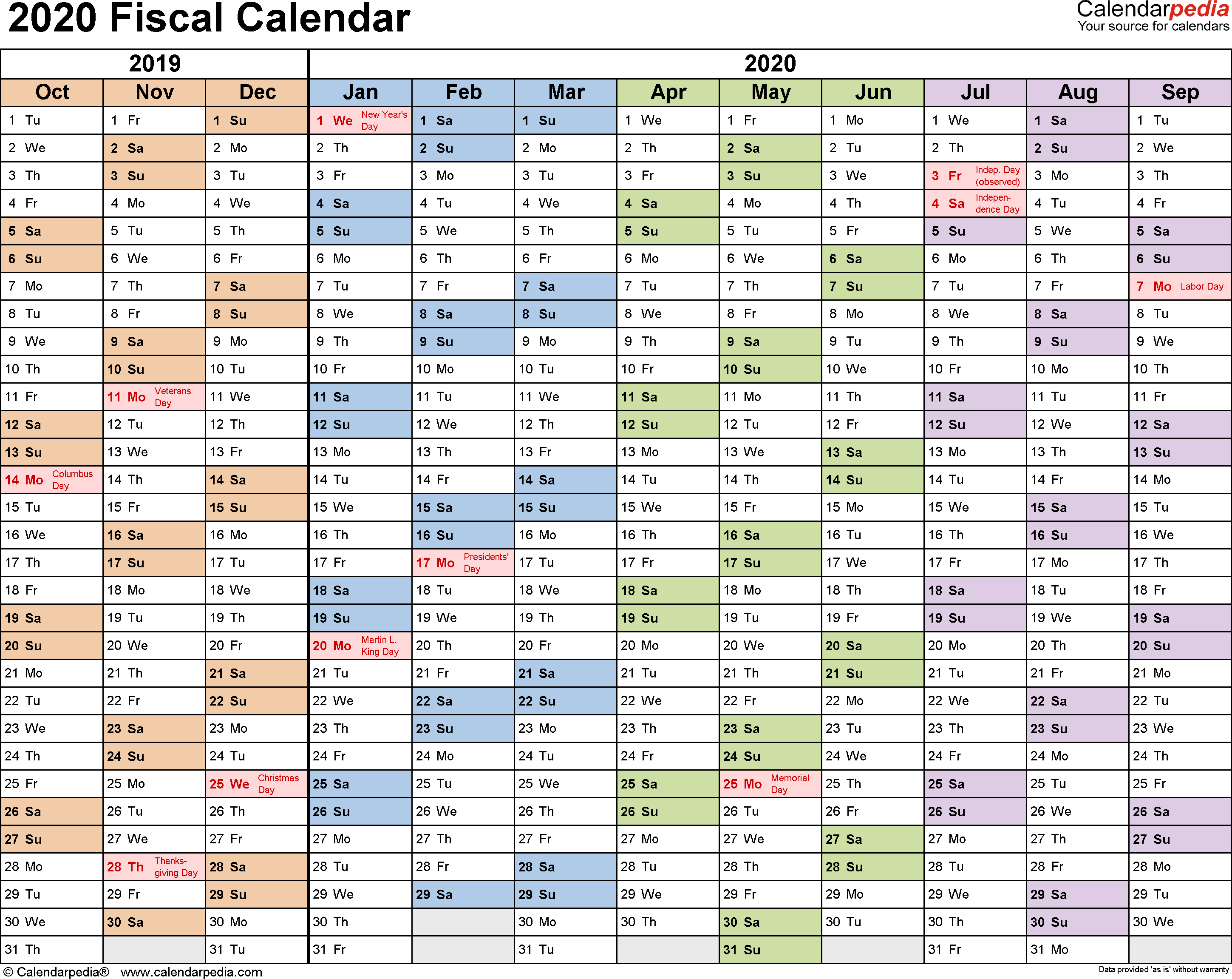 Fiscal Calendars 2020 - Free Printable Pdf Templates