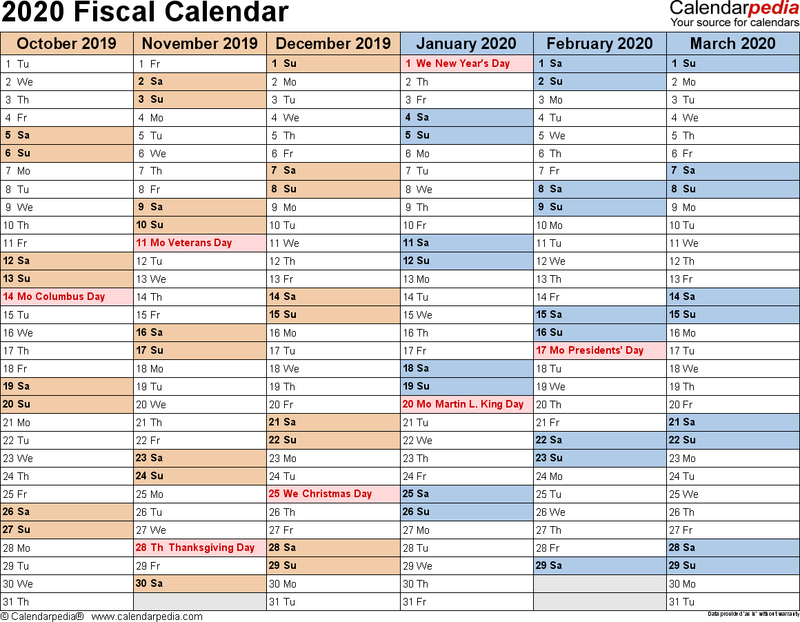 Fiscal Calendars 2020 - Free Printable Pdf Templates