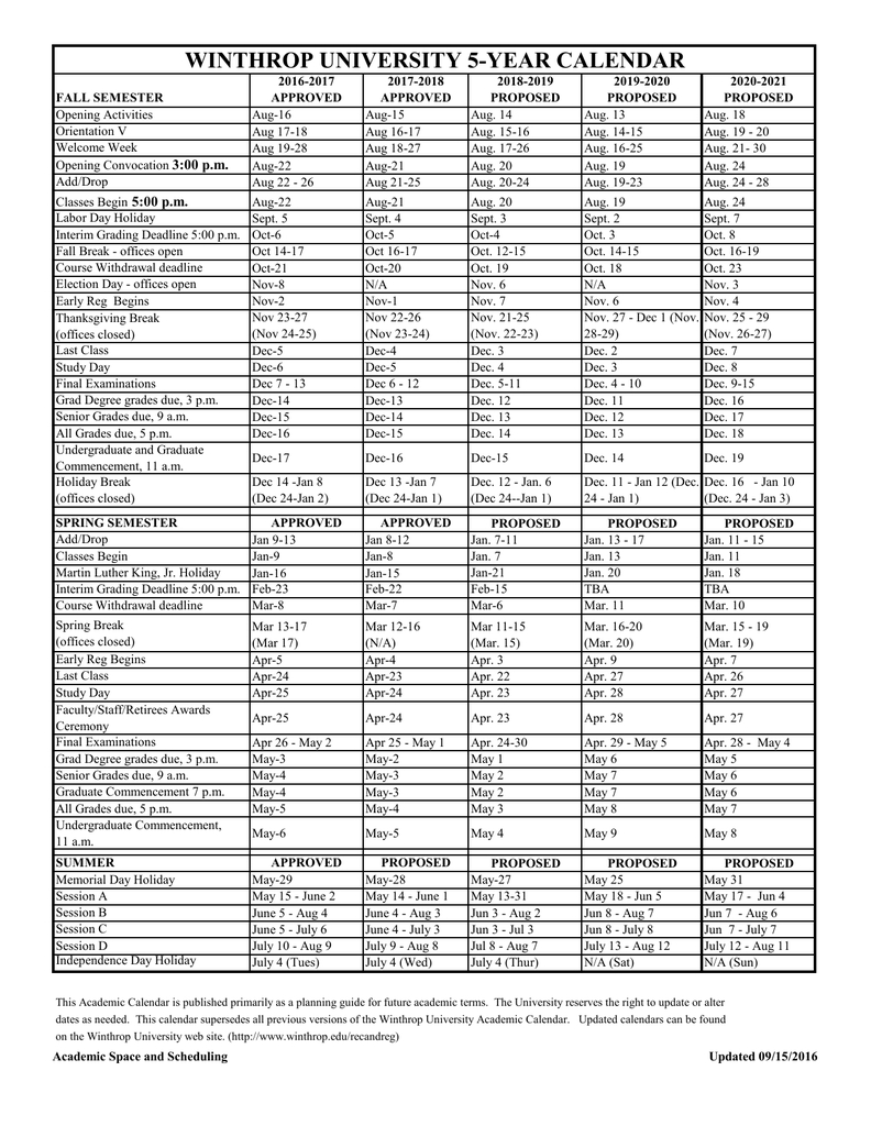 5 Year Calendar Winthrop