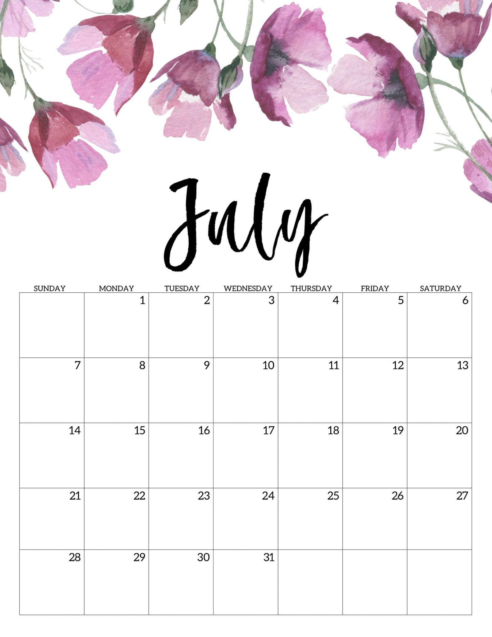 Floral Cute July Calendar 2019 | Free Printable Calendar