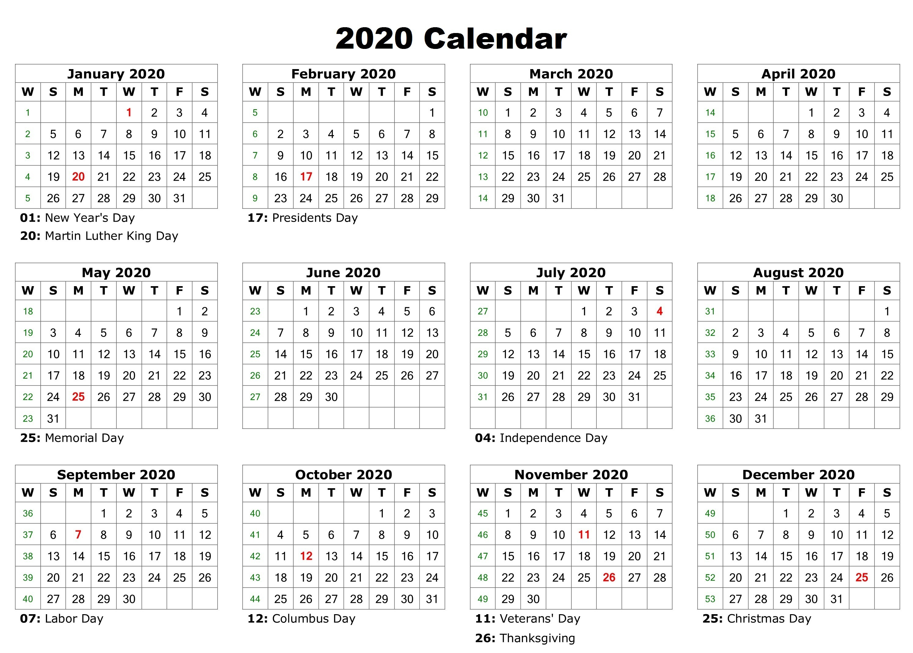 Free 12 Month 2020 Calendar With Holidays - Jackby - Medium