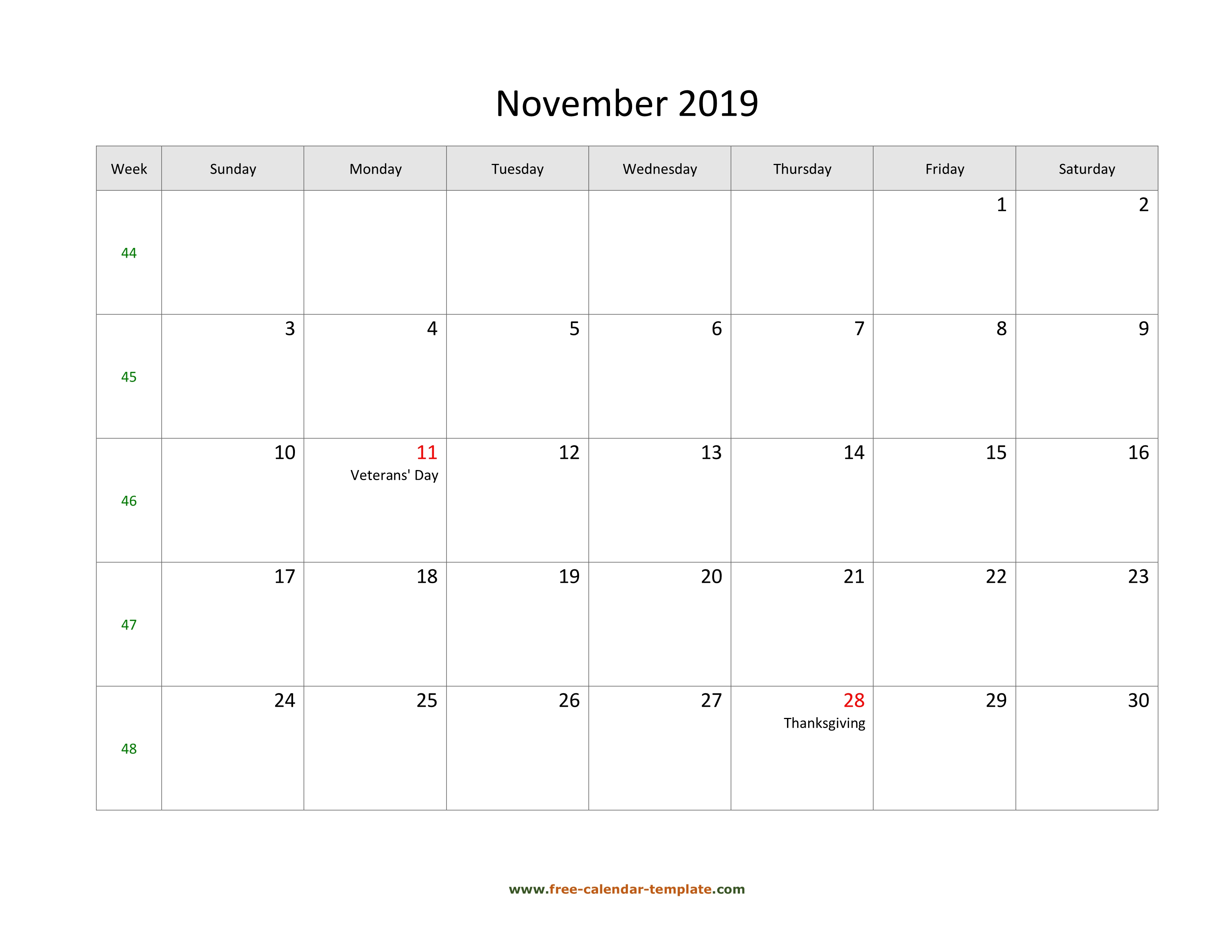 Free 2019 Calendar Blank November Template (Horizontal