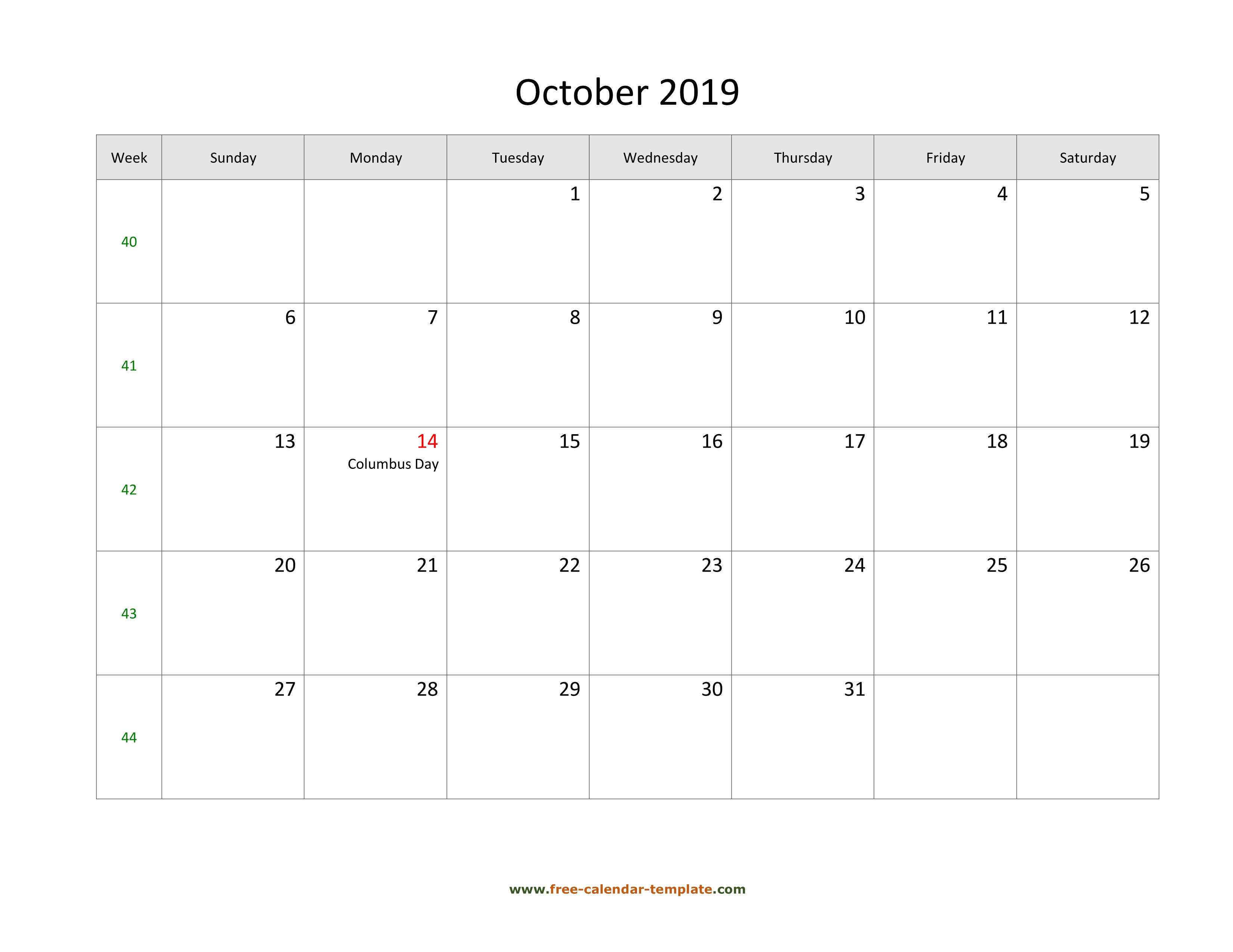 Free 2019 Calendar Blank October Template (Horizontal