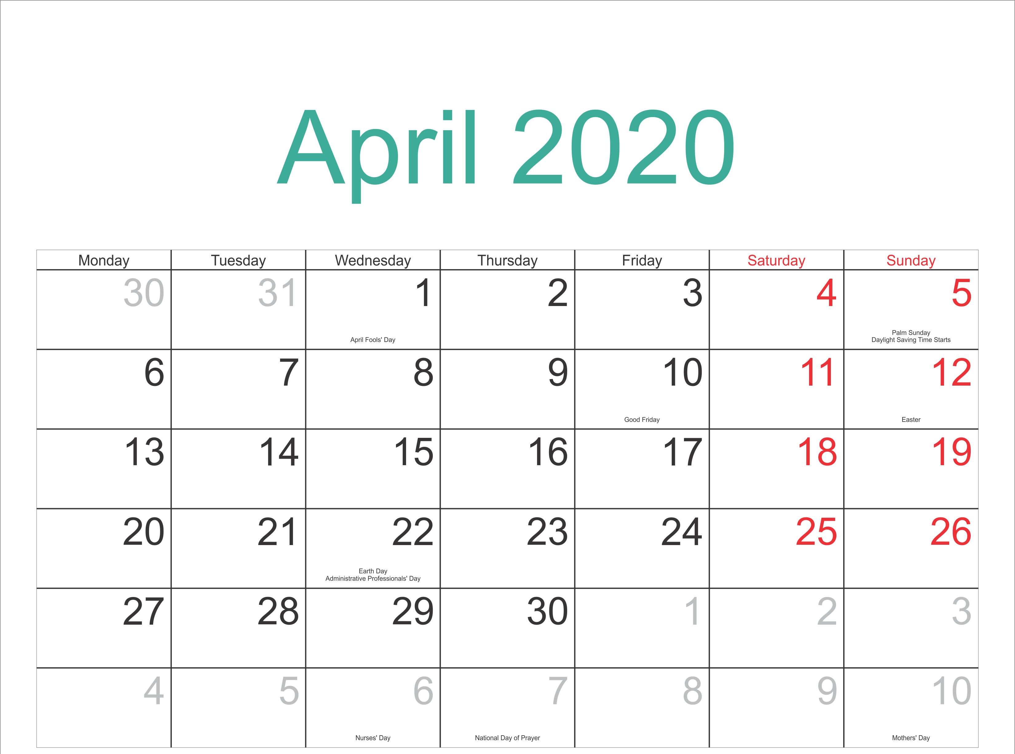 Free April 2020 Calendar – Blank Printable Template