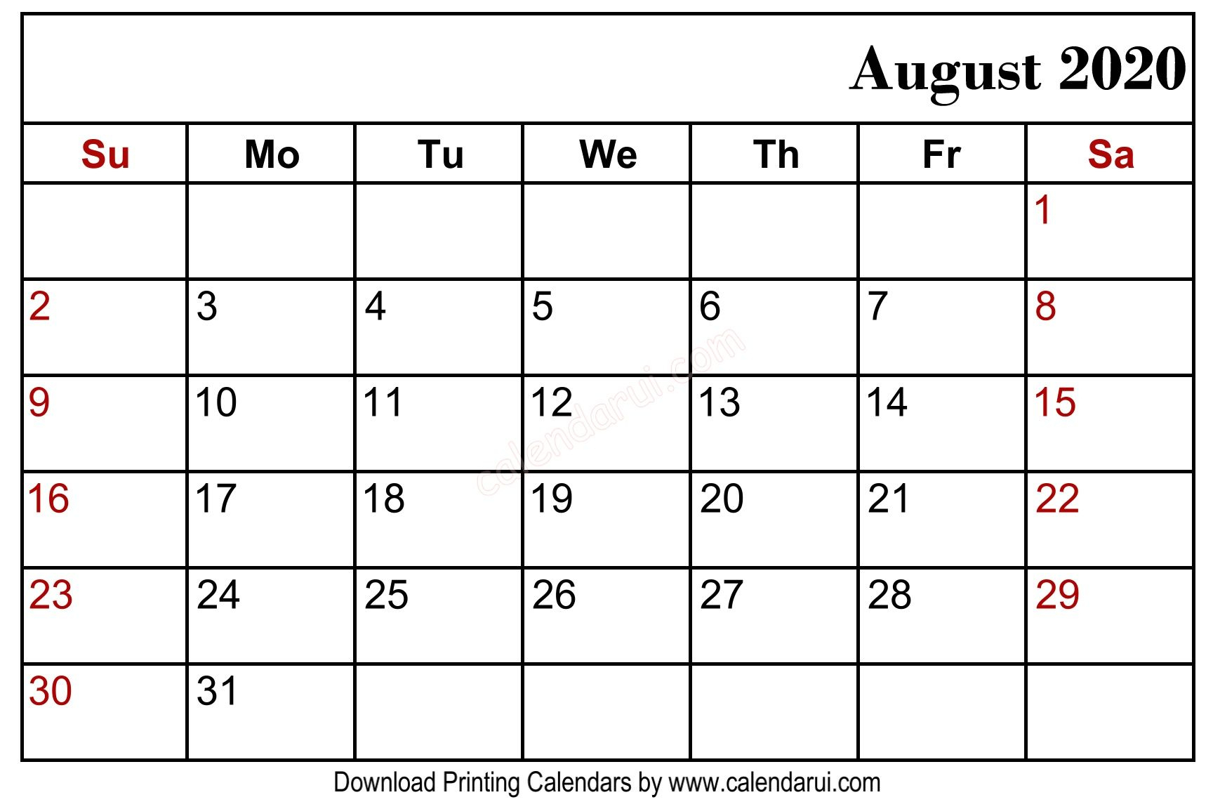 Free Printable Editable Calendar August 2020