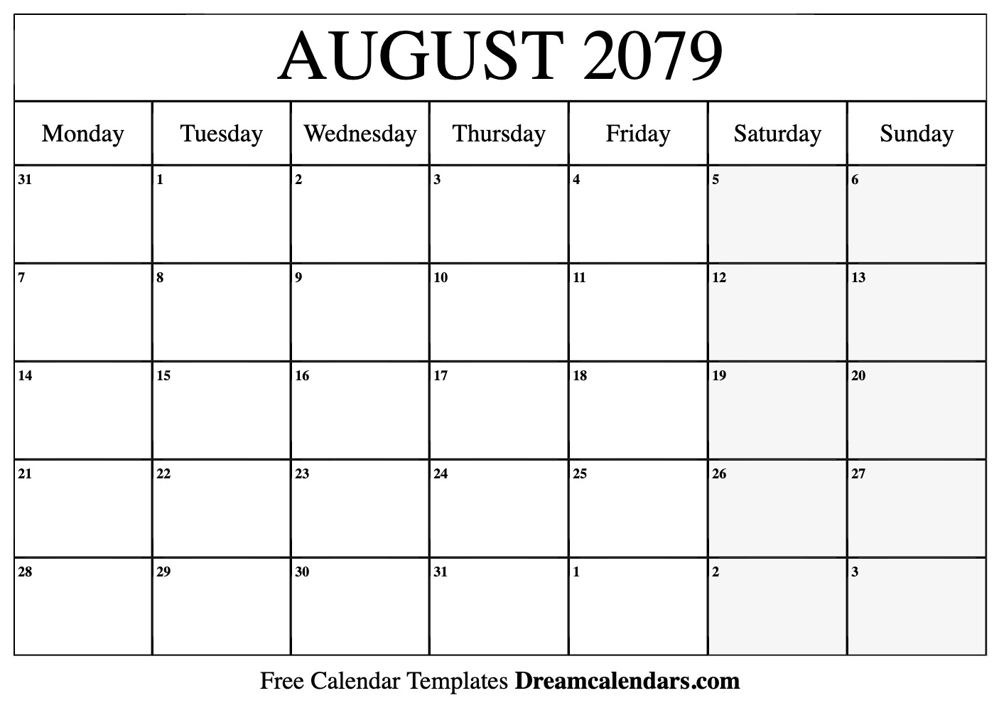 Free Blank August 2079 Printable Calendar