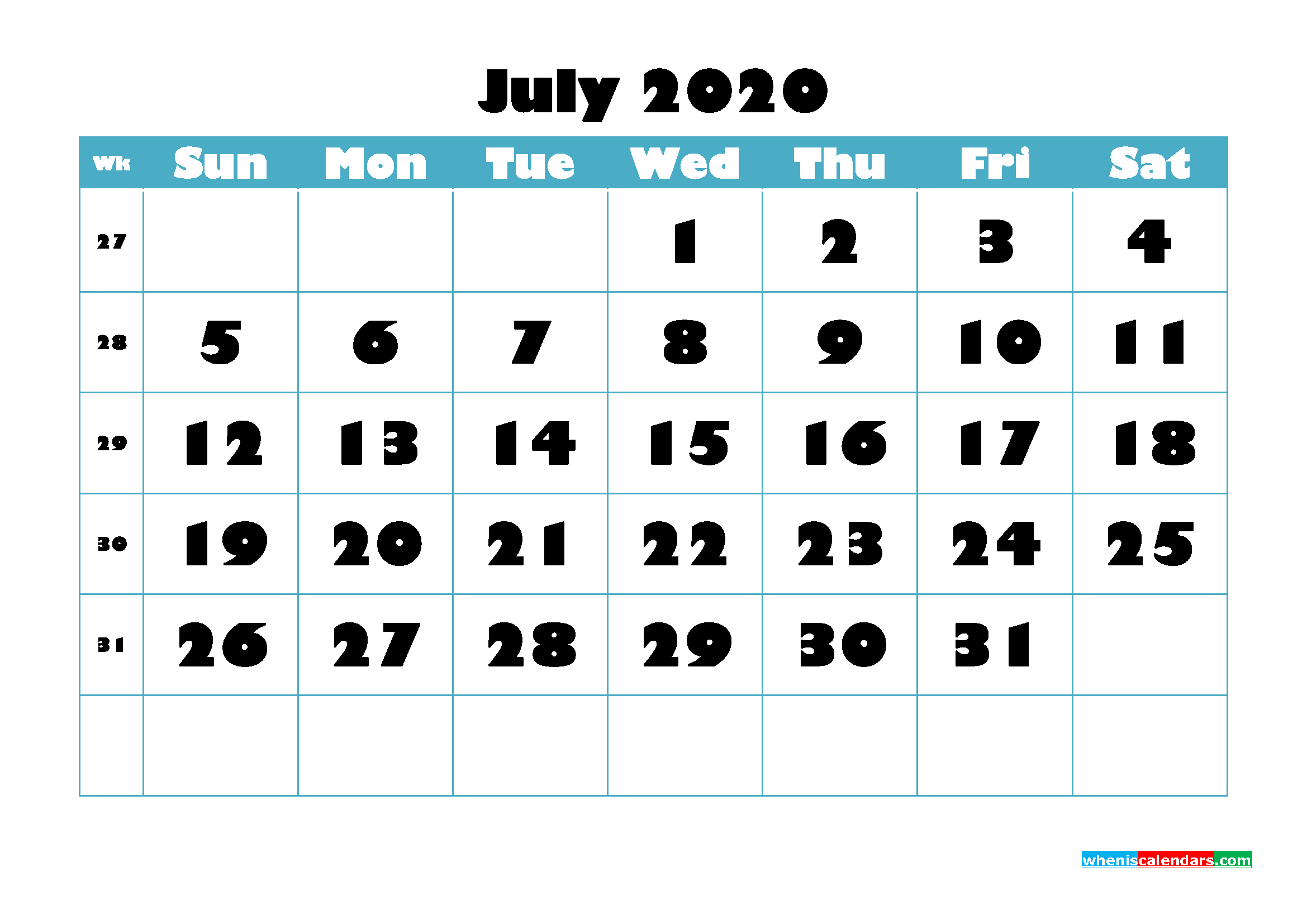 Free Blank Calendar July 2020 Printable - No.m20B763 | Free