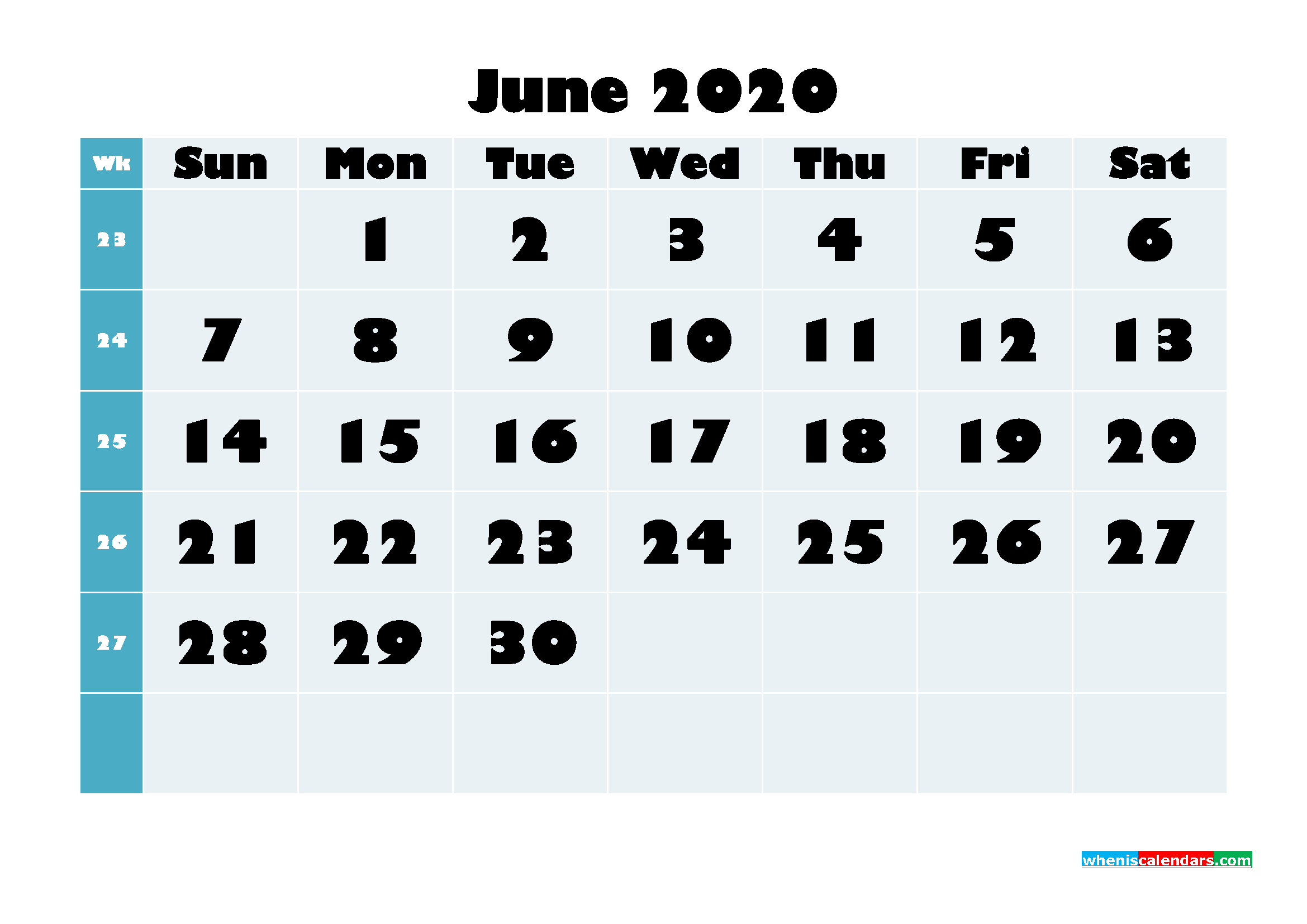 Free Blank Calendar June 2020 Printable - No.m20B690 | Free