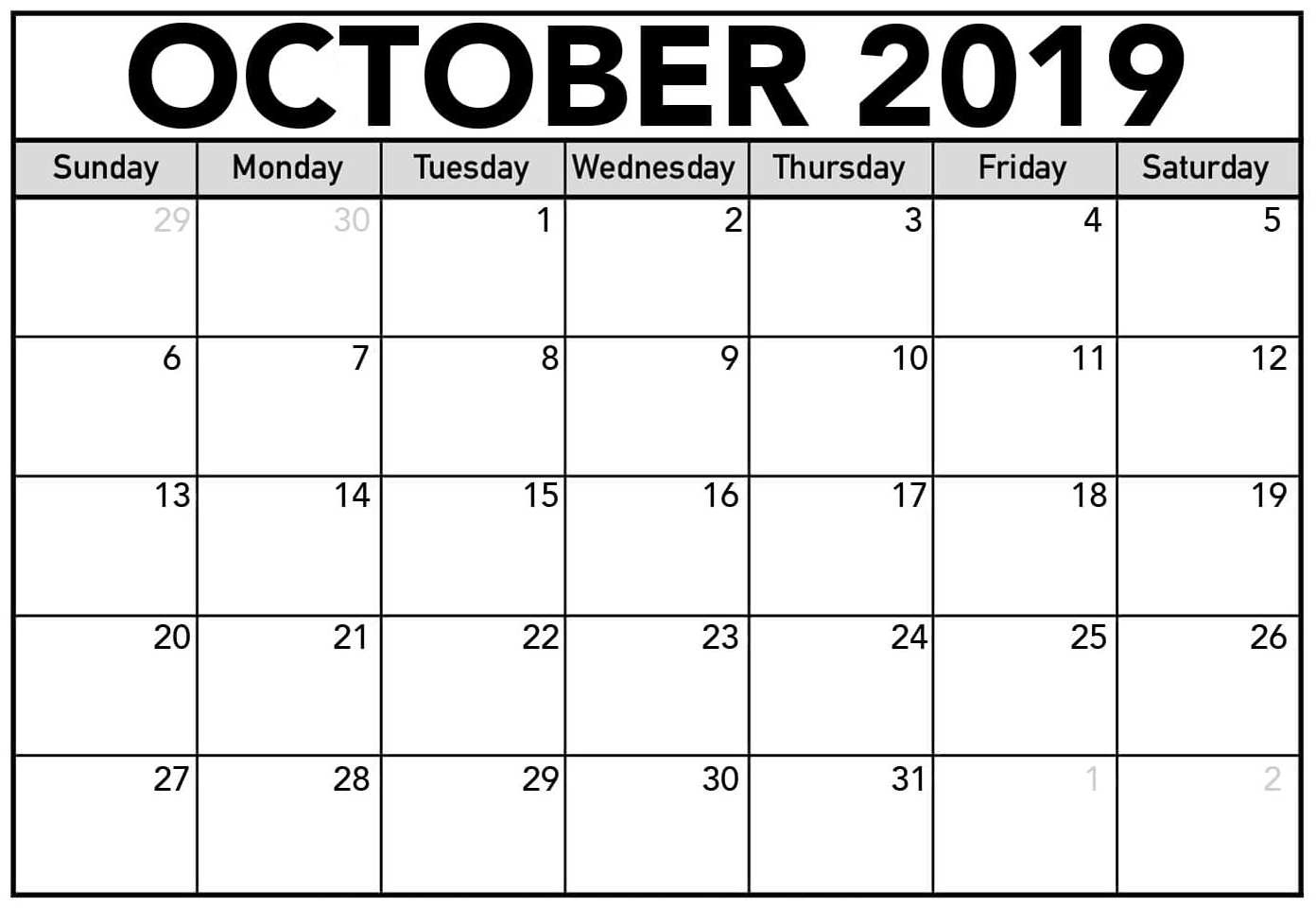 Free Blank Calendar October 2019 Printable - 2019 Calendars