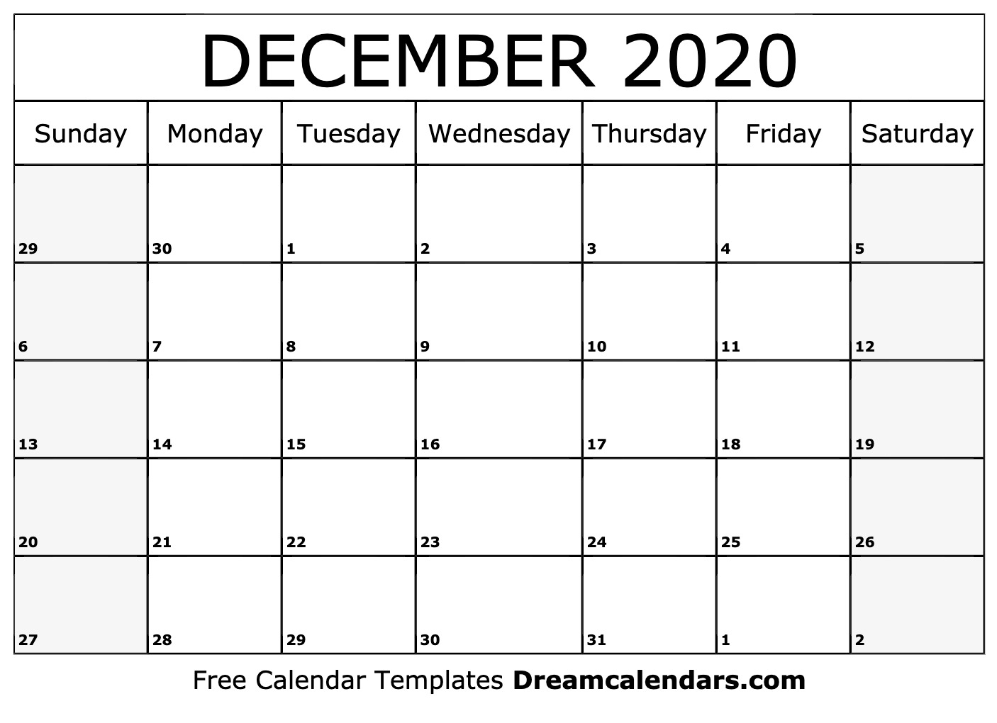 Free Blank December 2020 Printable Calendar