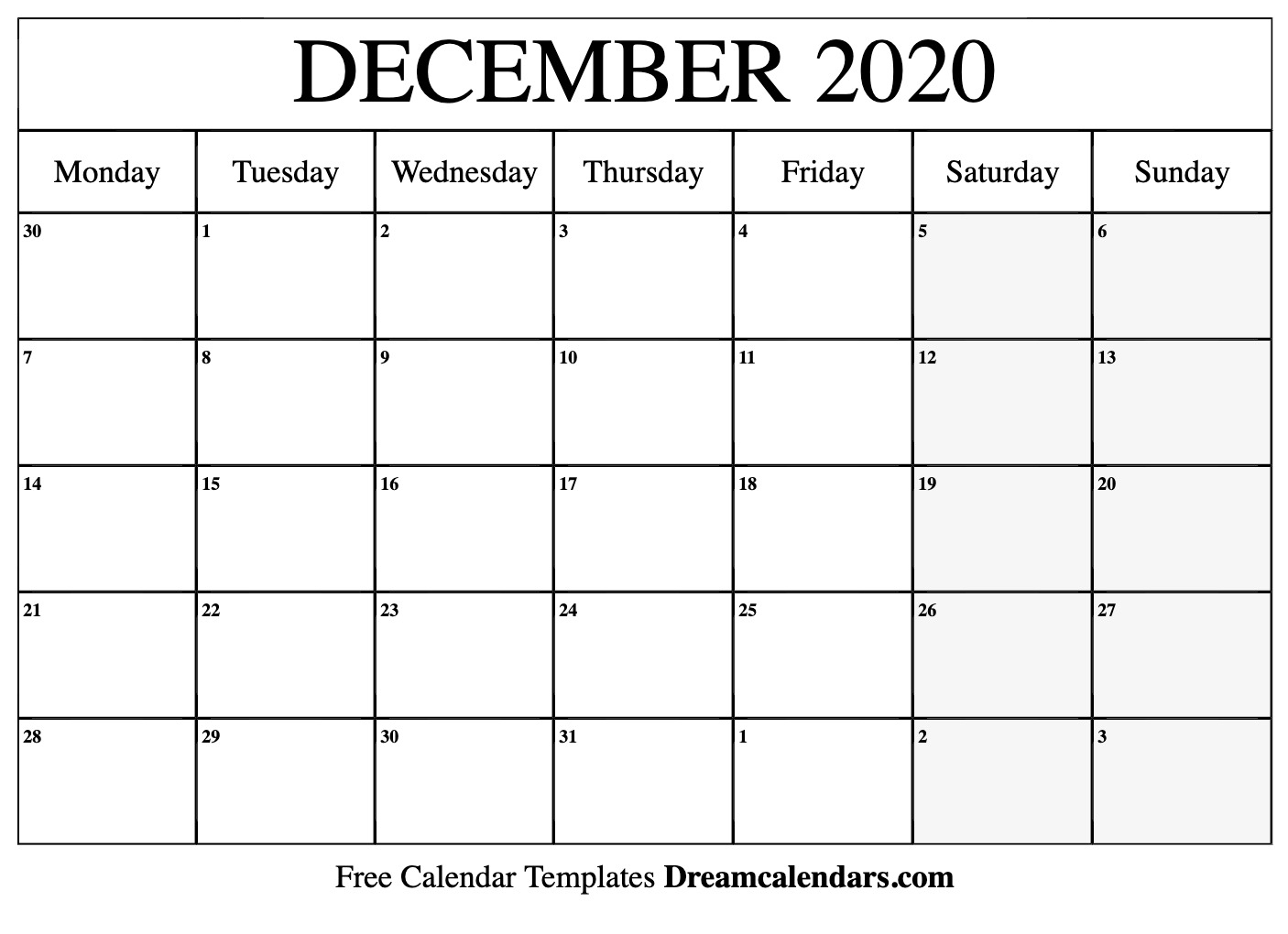 Free Blank December 2020 Printable Calendar