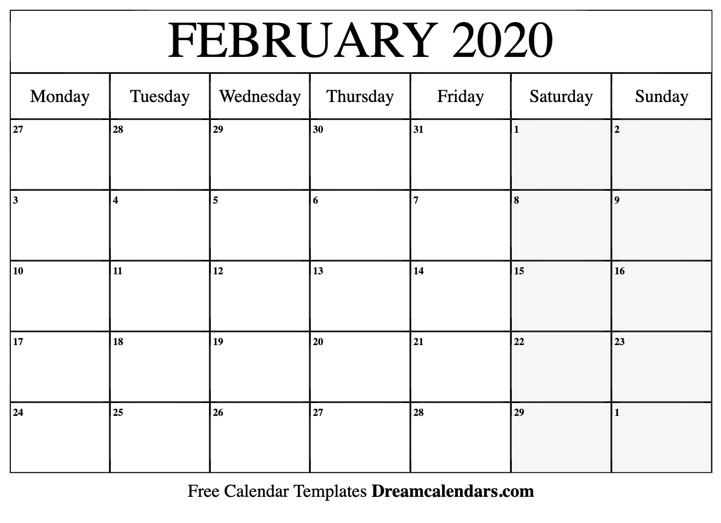 Free Blank February 2020 Printable Calendar