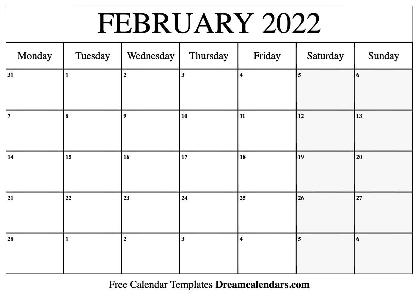 Free Blank February 2022 Printable Calendar