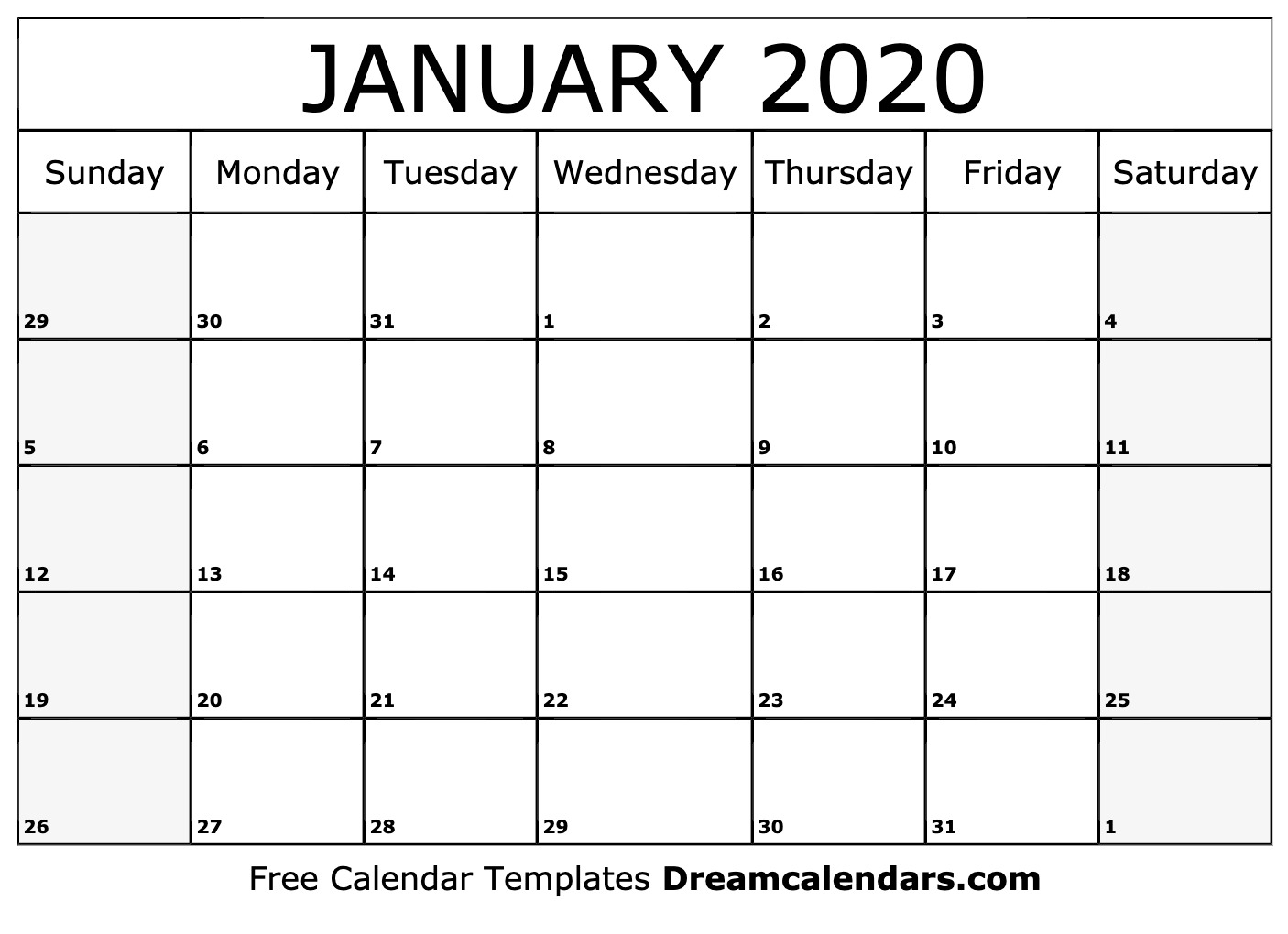 Free Blank January 2020 Printable Calendar