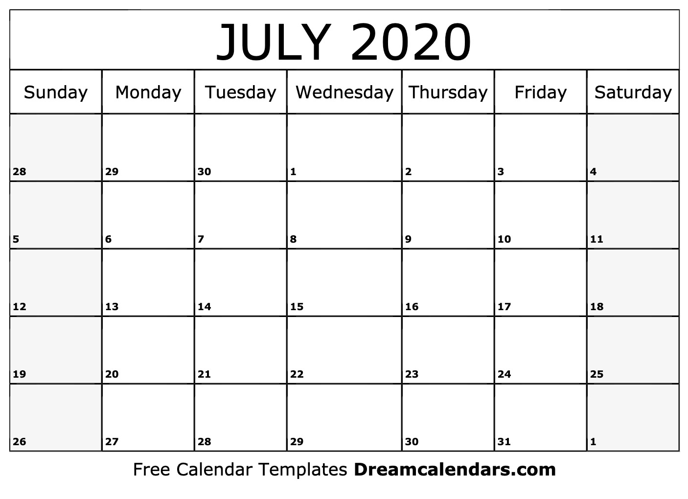 Free Blank July 2020 Printable Calendar