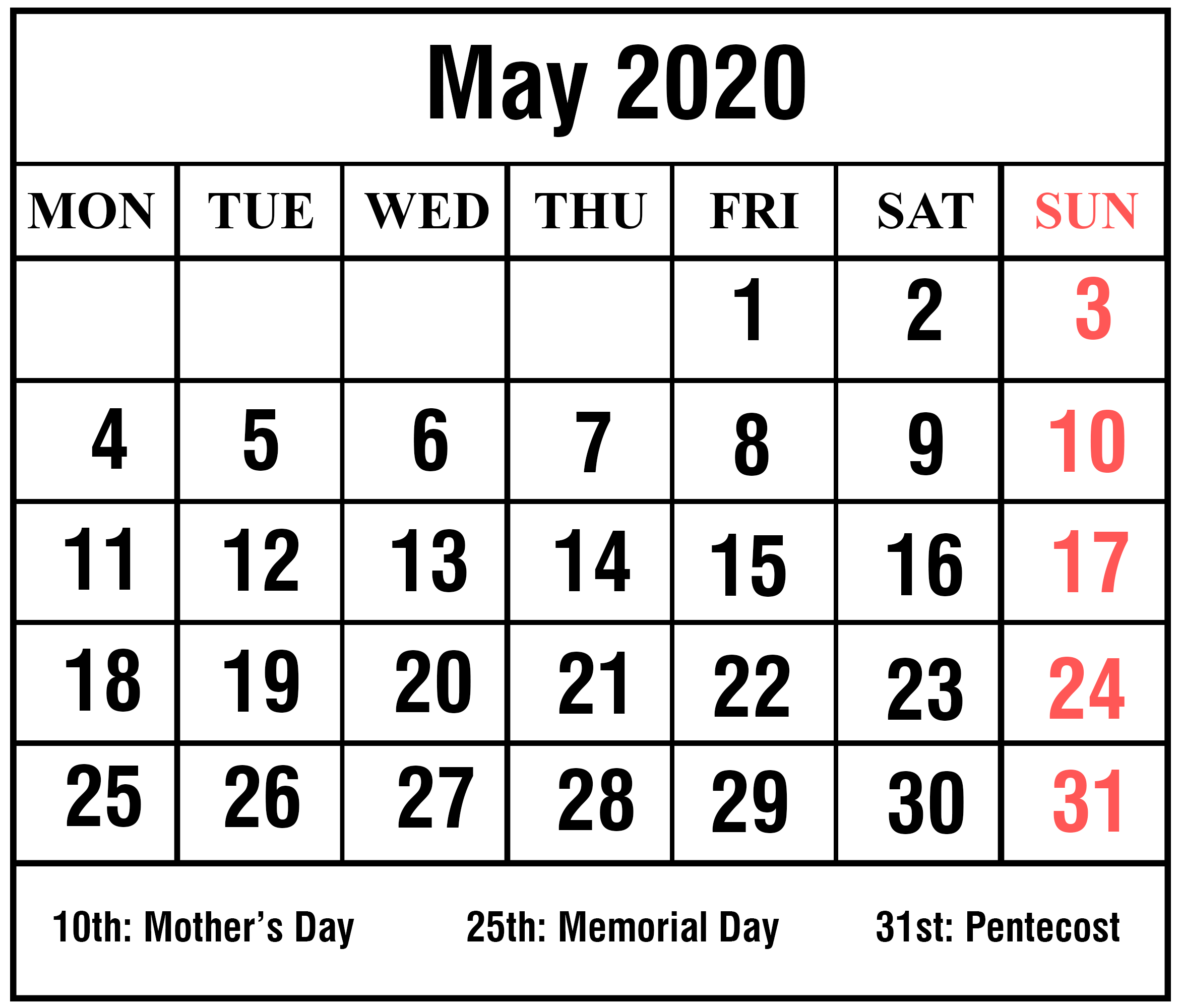 Free Blank May Calendar 2020 Printable Template Pdf Word Excel