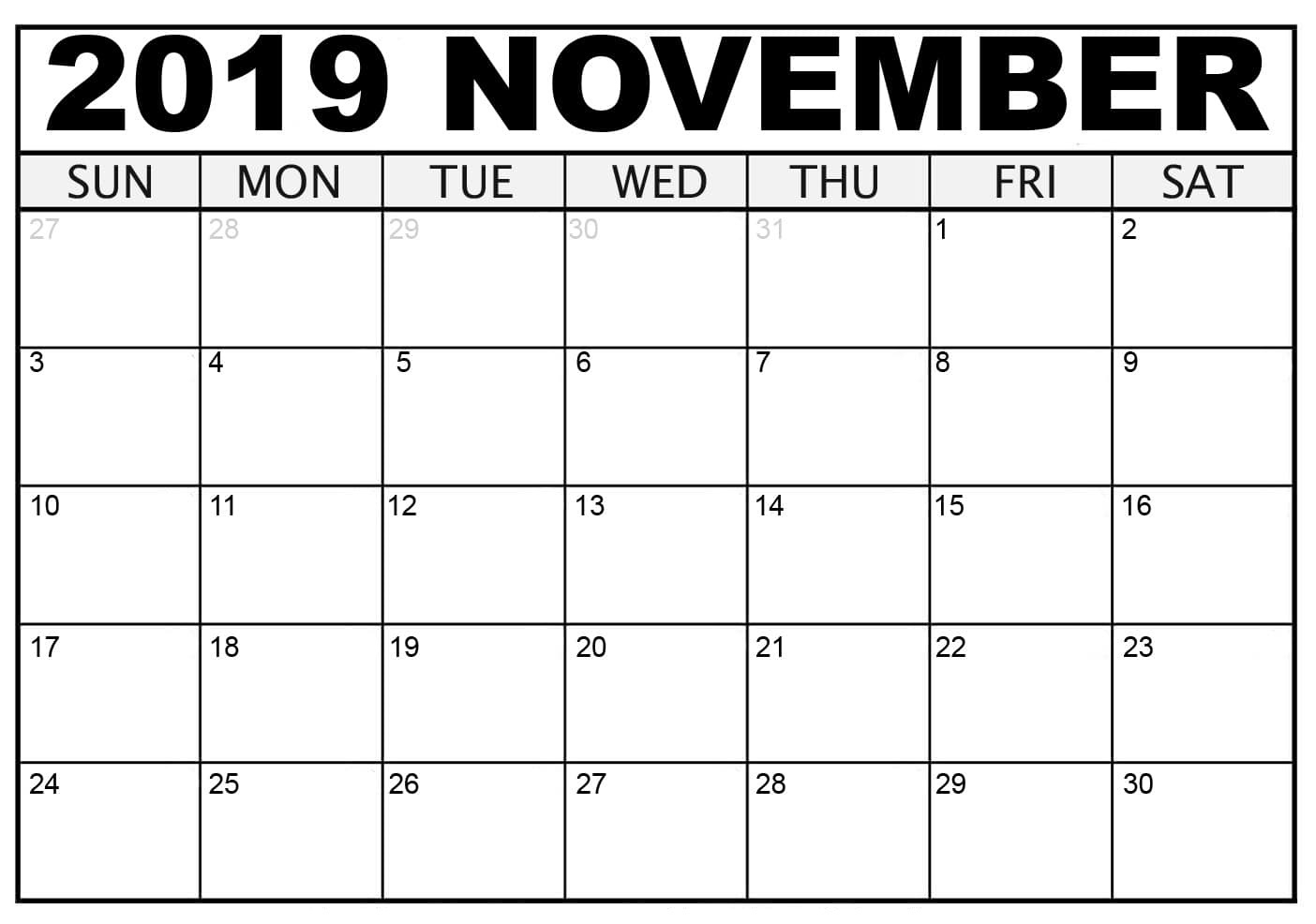 Free Blank November Calendar 2019 Printable Template Pdf