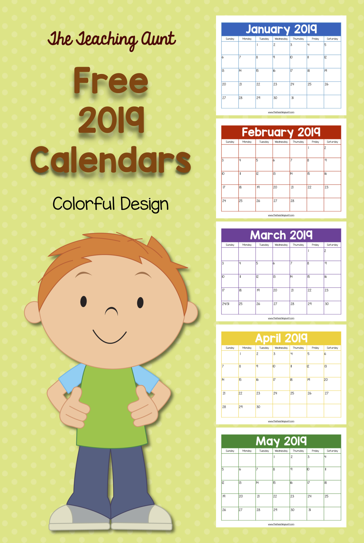 Free Colorful 2019 Calendar | Preschool Calendar, Teacher