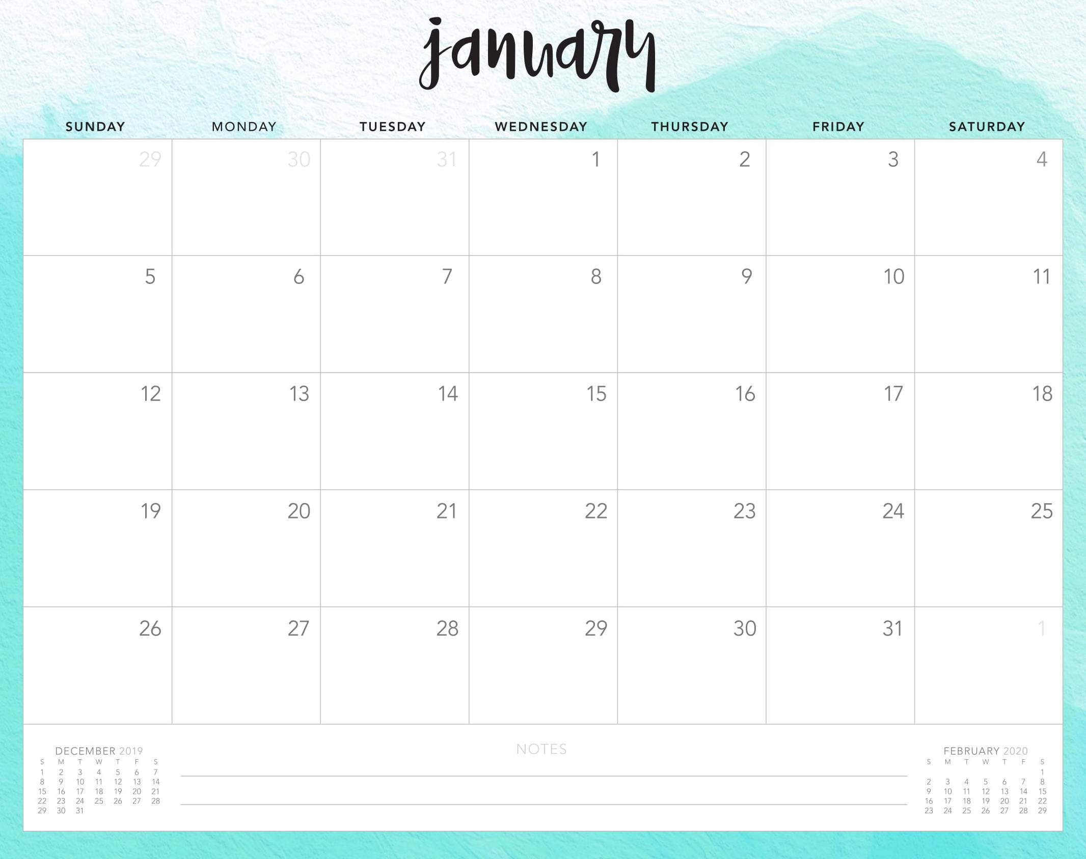 Free Cute January 2020 Calendar Printable | 12 Month