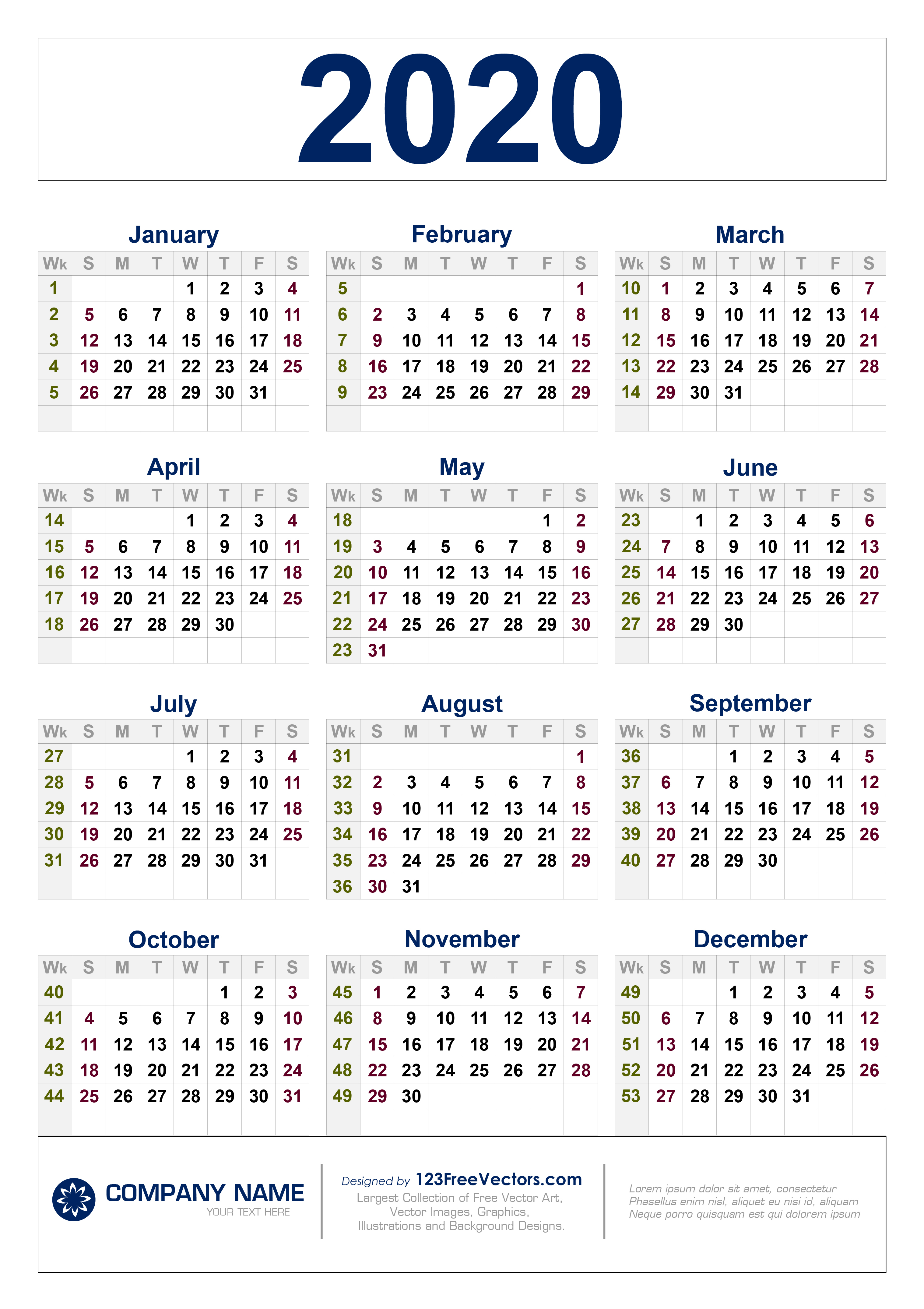 Free Download 2020 Calendar With Week Numbers