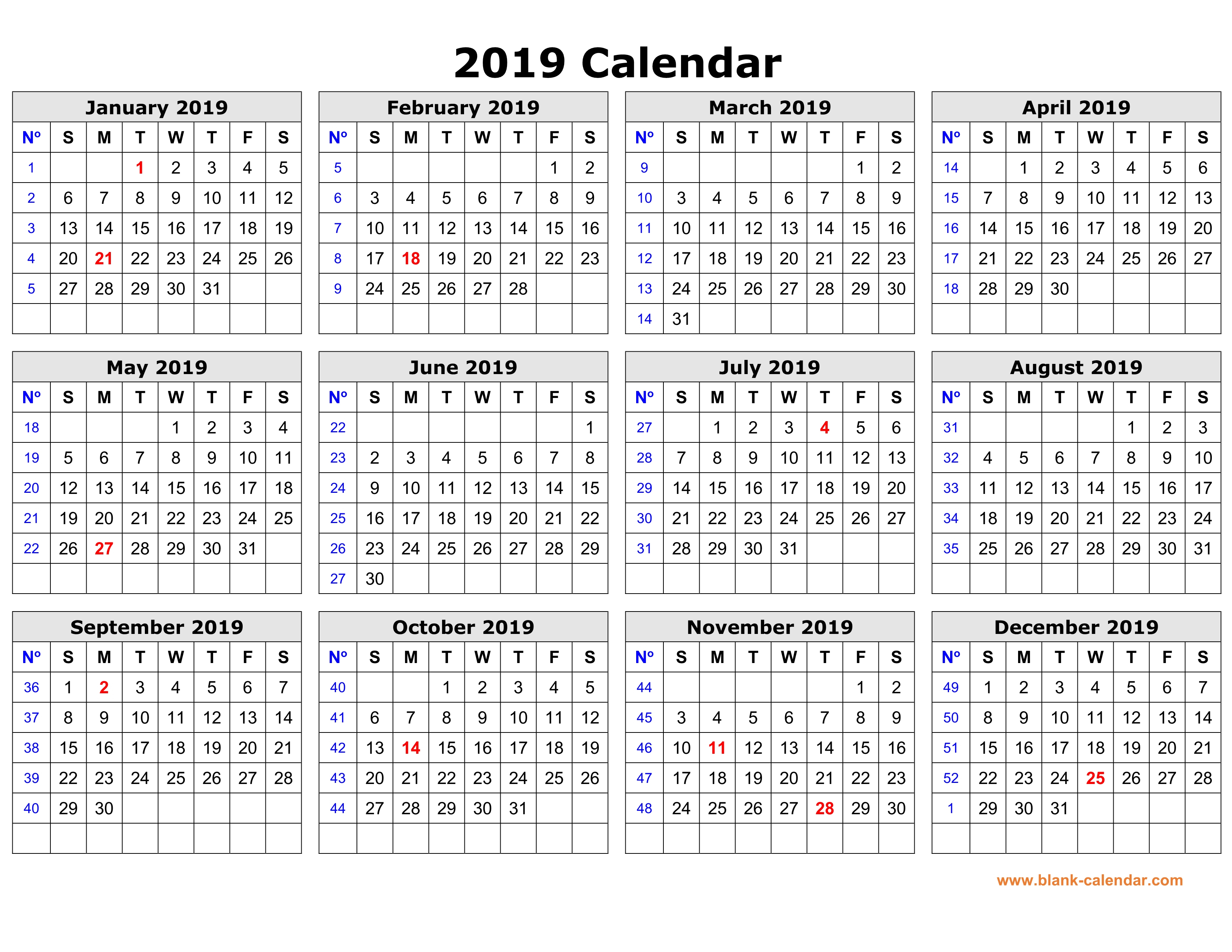 Free Download Printable Calendar 2019 In One Page, Clean Design.