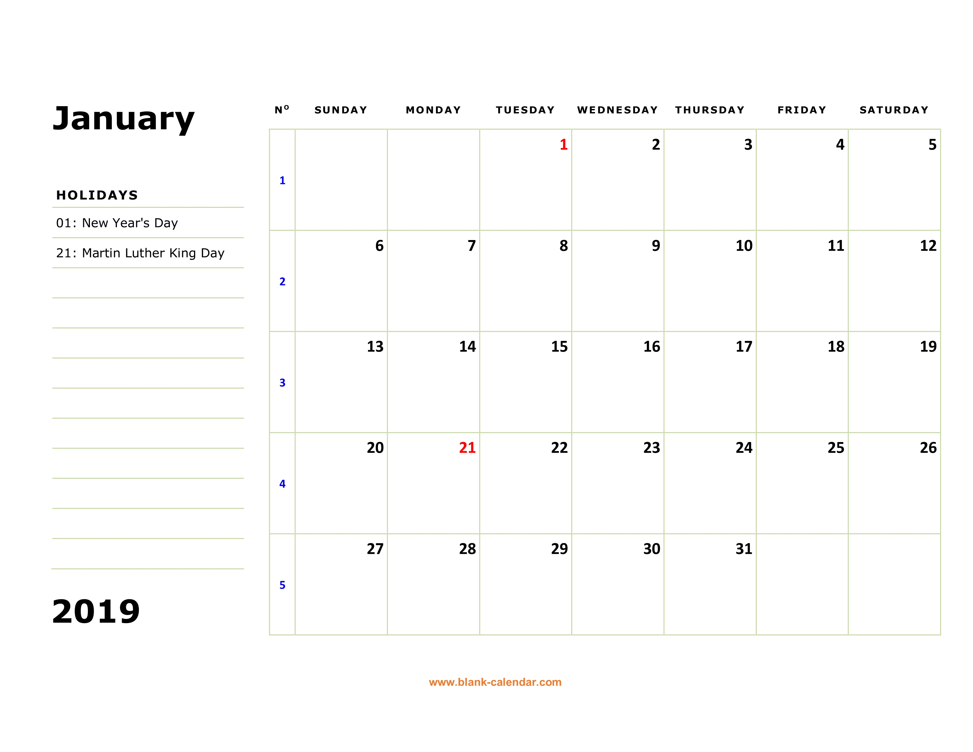 Free Download Printable Calendar 2019, Large Box, Holidays