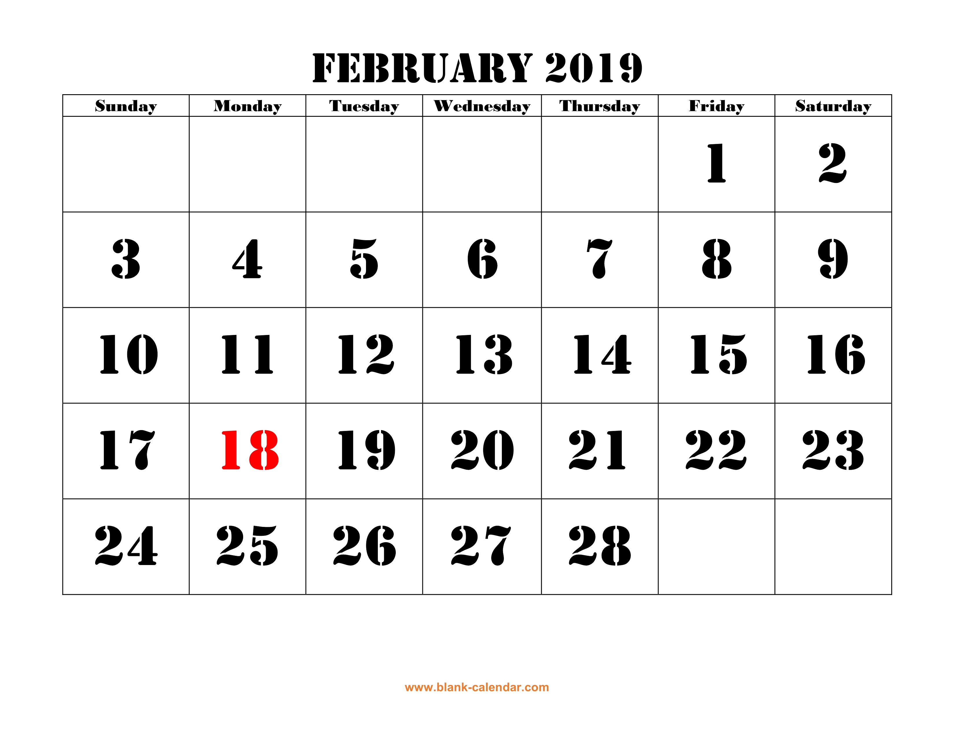 Free Download Printable February 2019 Calendar, Large Font