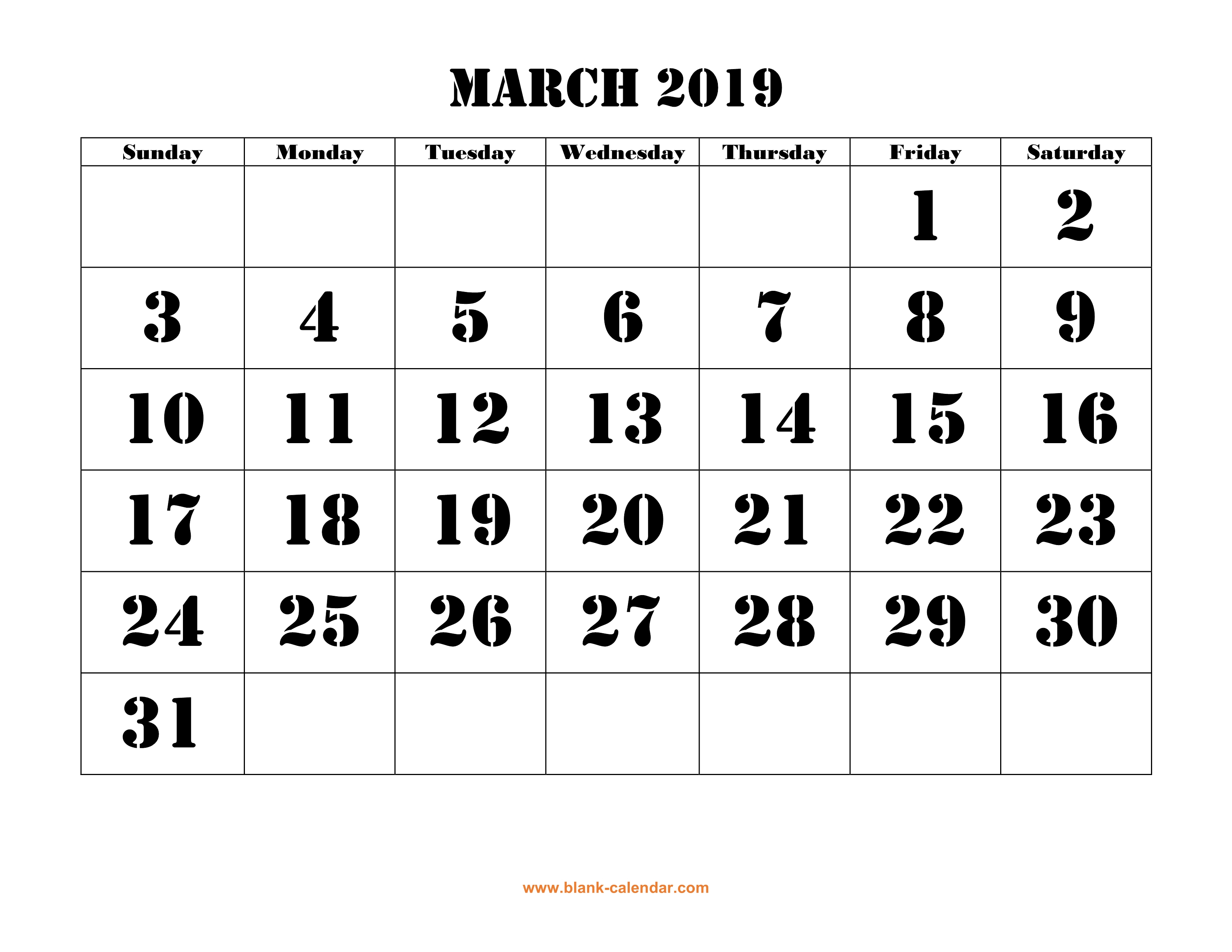 Free Download Printable March 2019 Calendar, Large Font