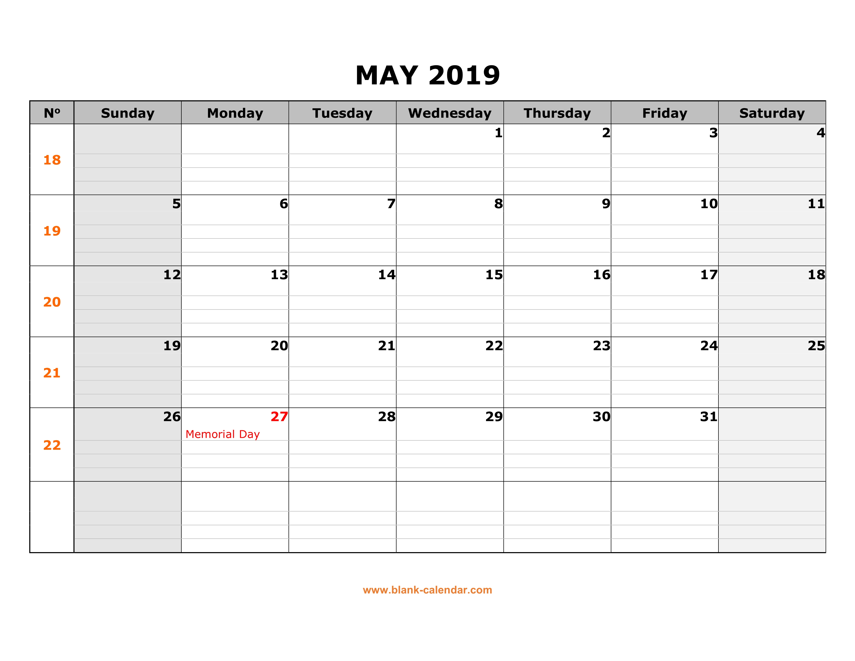 Free Download Printable May 2019 Calendar, Large Box Grid