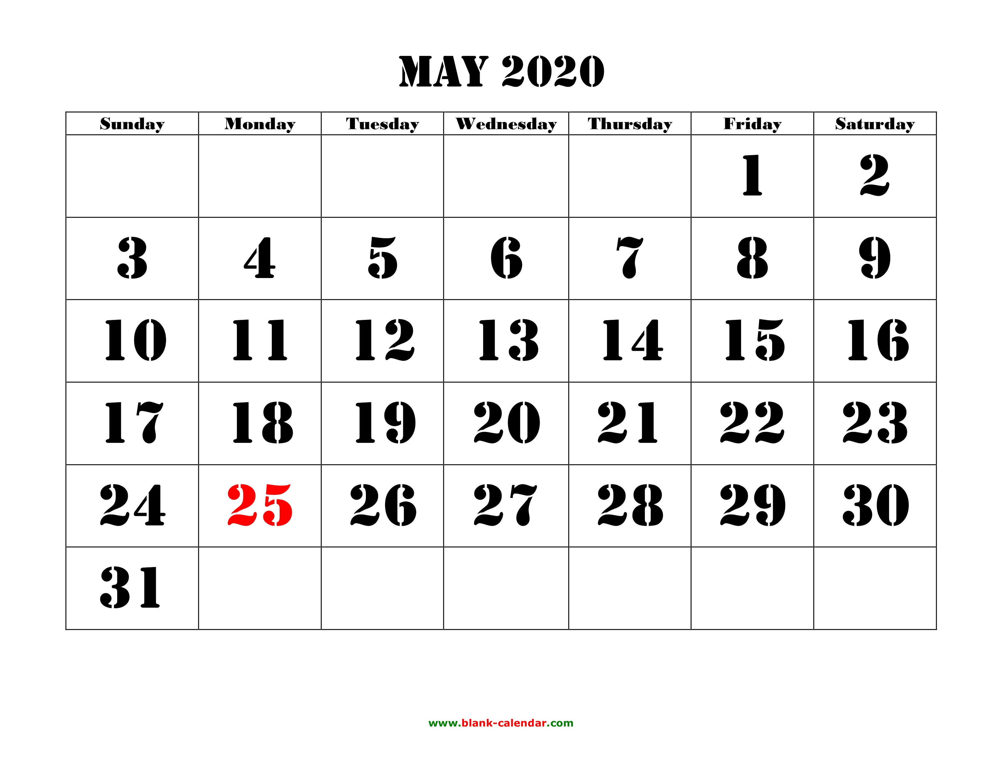 Free Download Printable May 2020 Calendar, Large Font Design