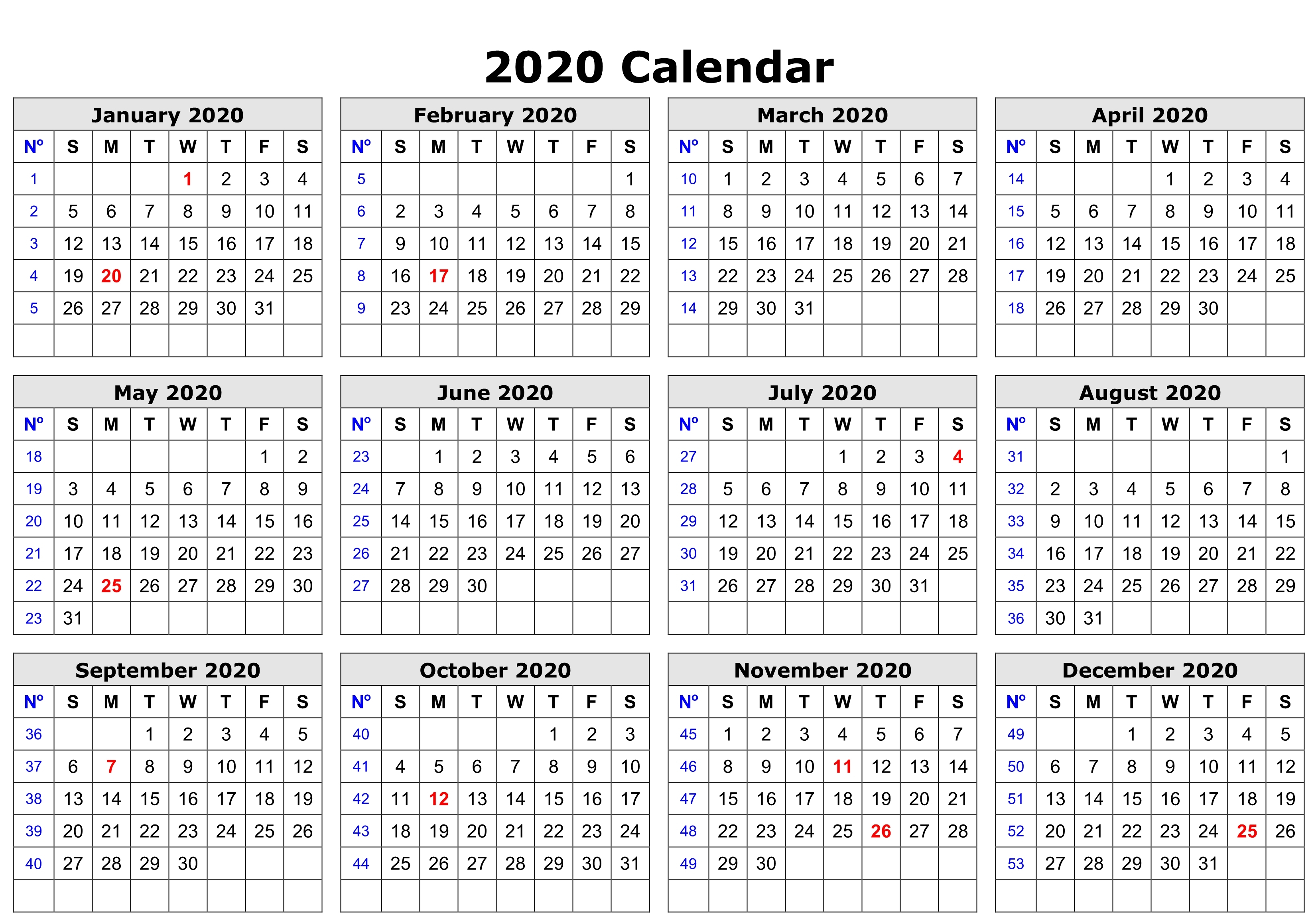 2020 Yearly Calendar Printable - Printable World Holiday