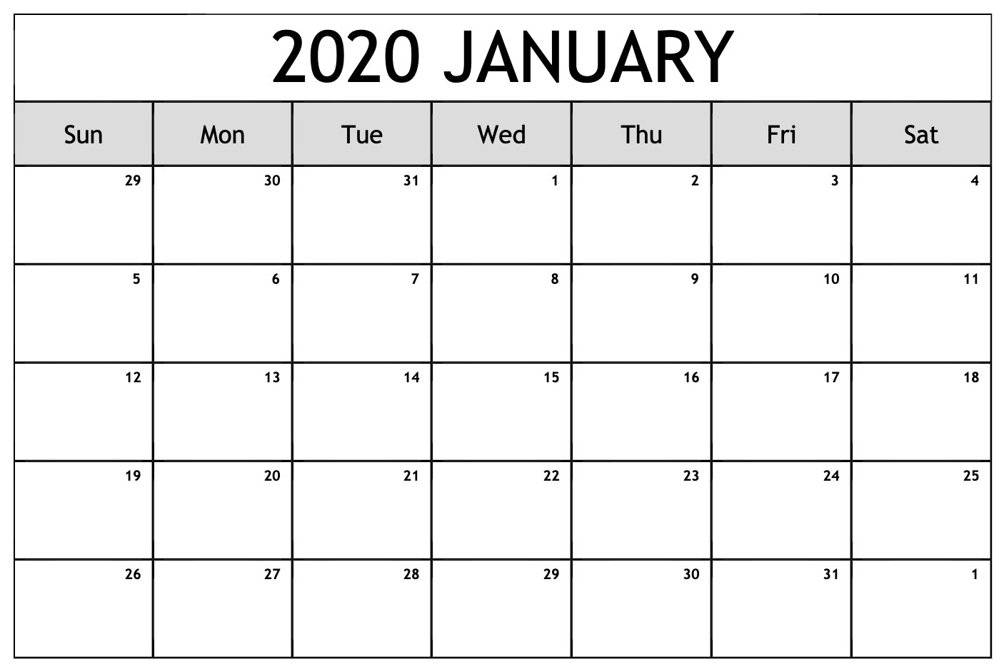 Free Editable January Calendar 2020 Blank Template