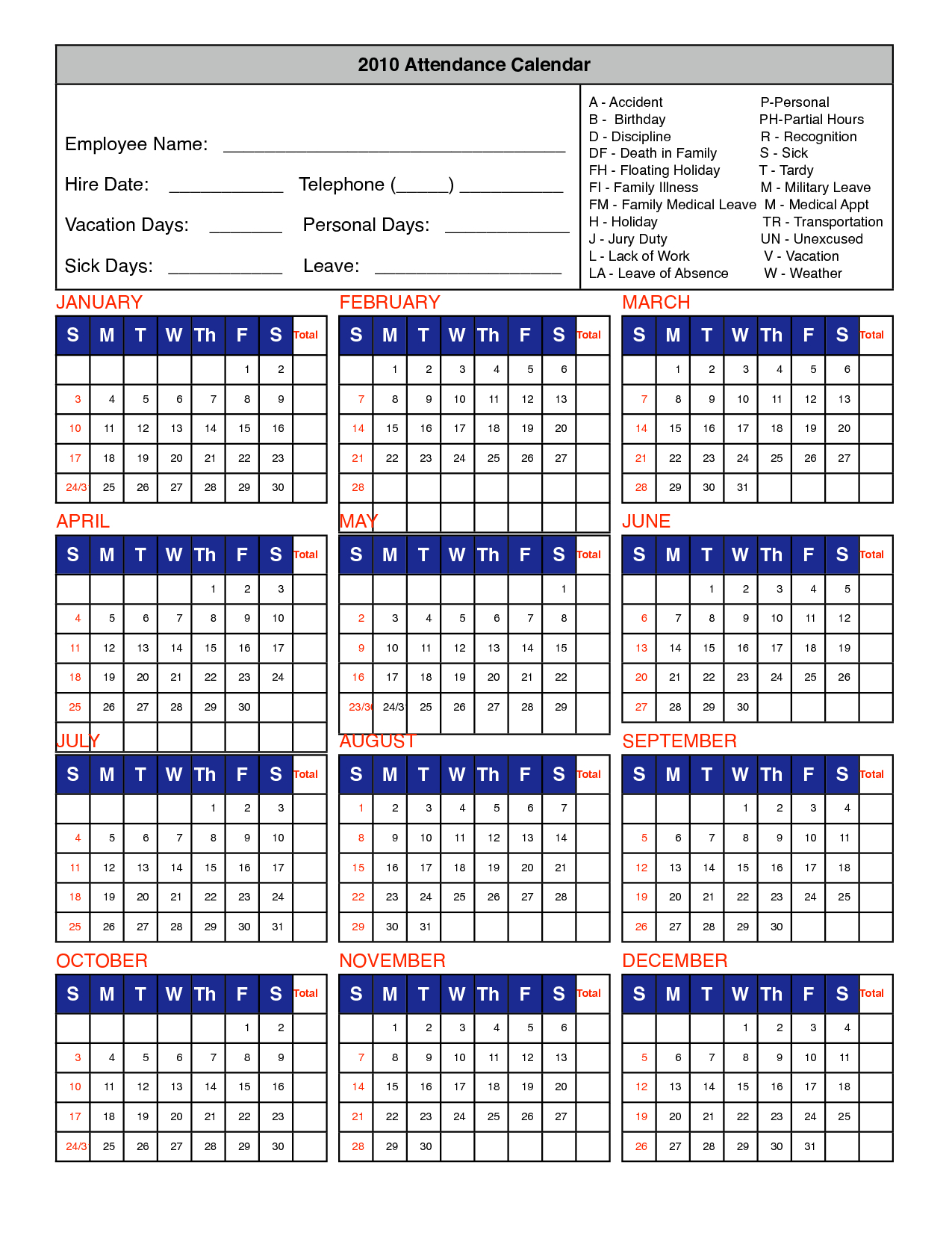 Free Printable Employee Calendar 2020