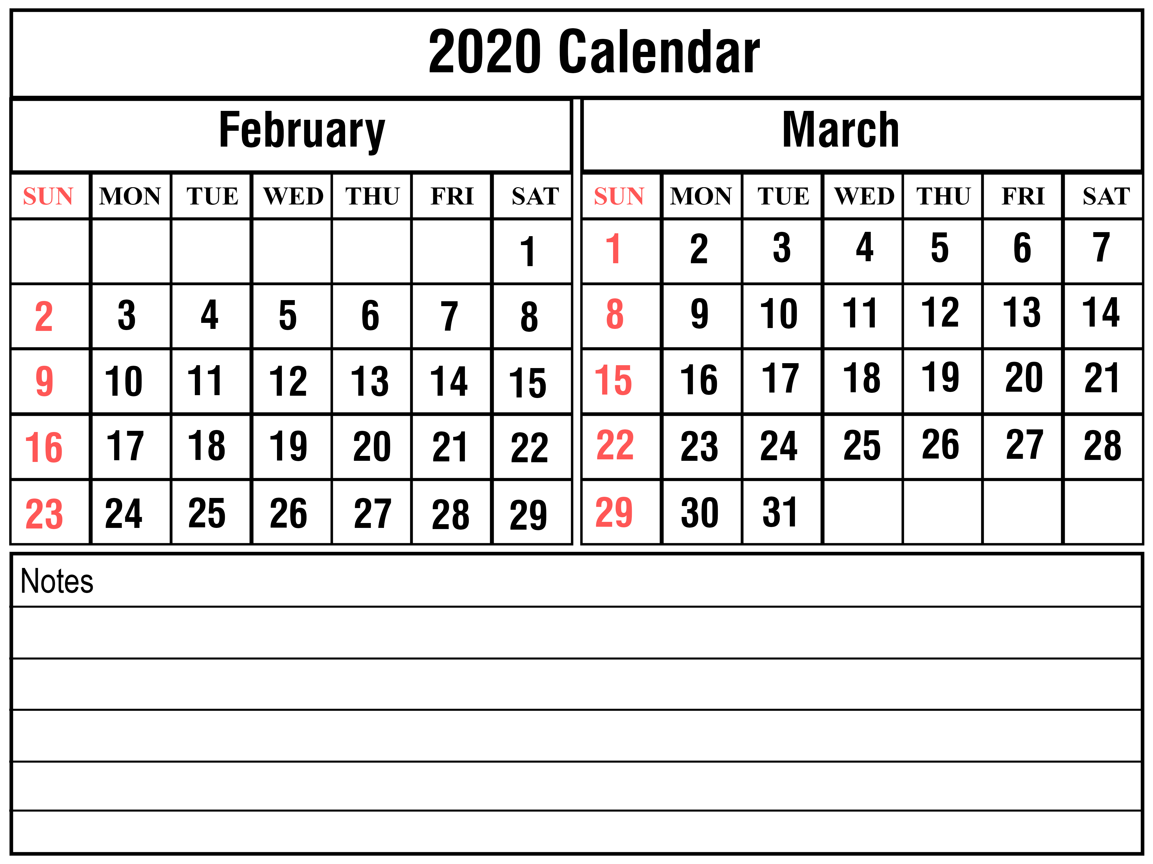 Free February &amp; March 2020 Printable Calendar Templates