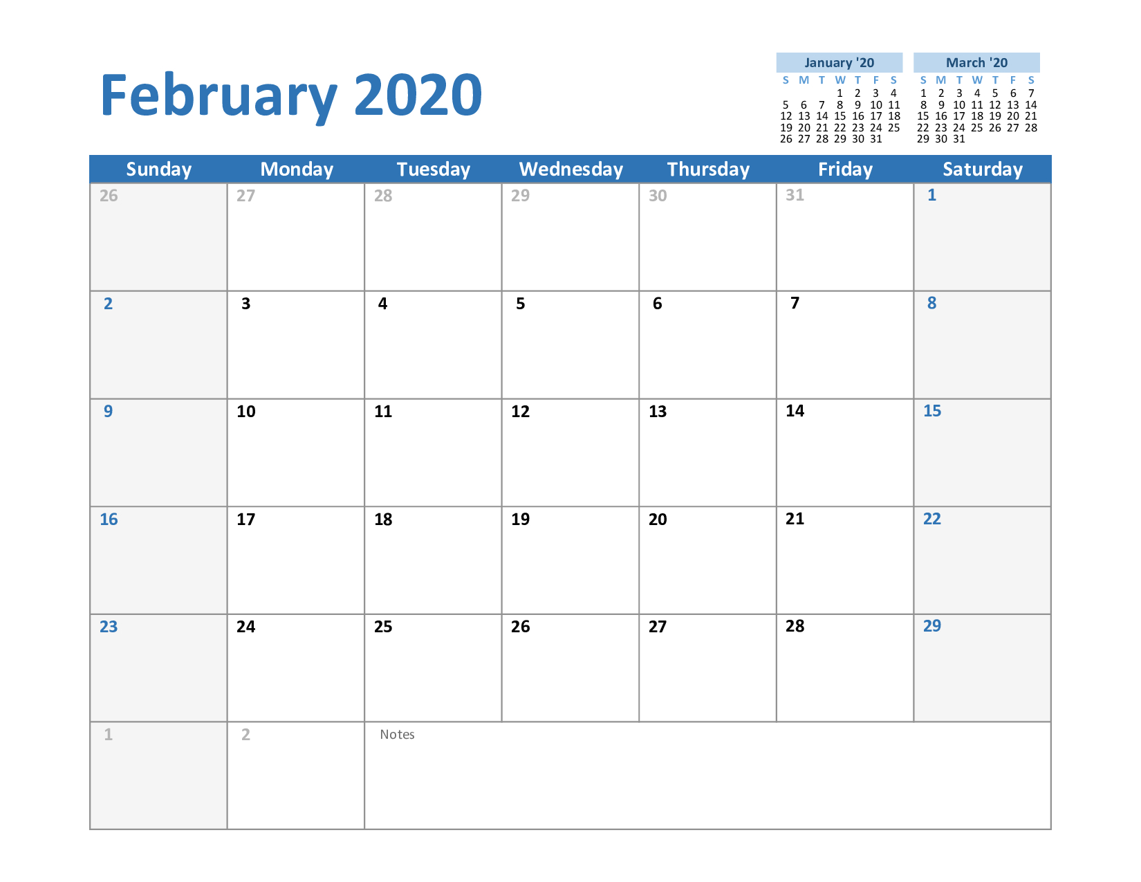 Free February &amp; March 2020 Printable Calendar Templates