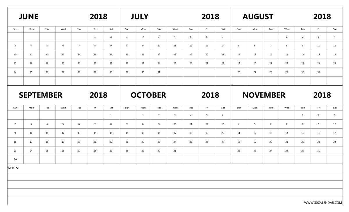 Free Half Yearly June To November 2018 Calendar With Notes