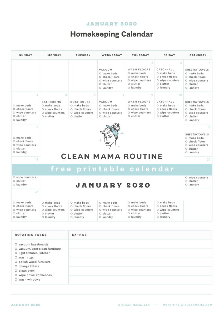 Free January 2020 Homekeeping Calendar – Clean Mama