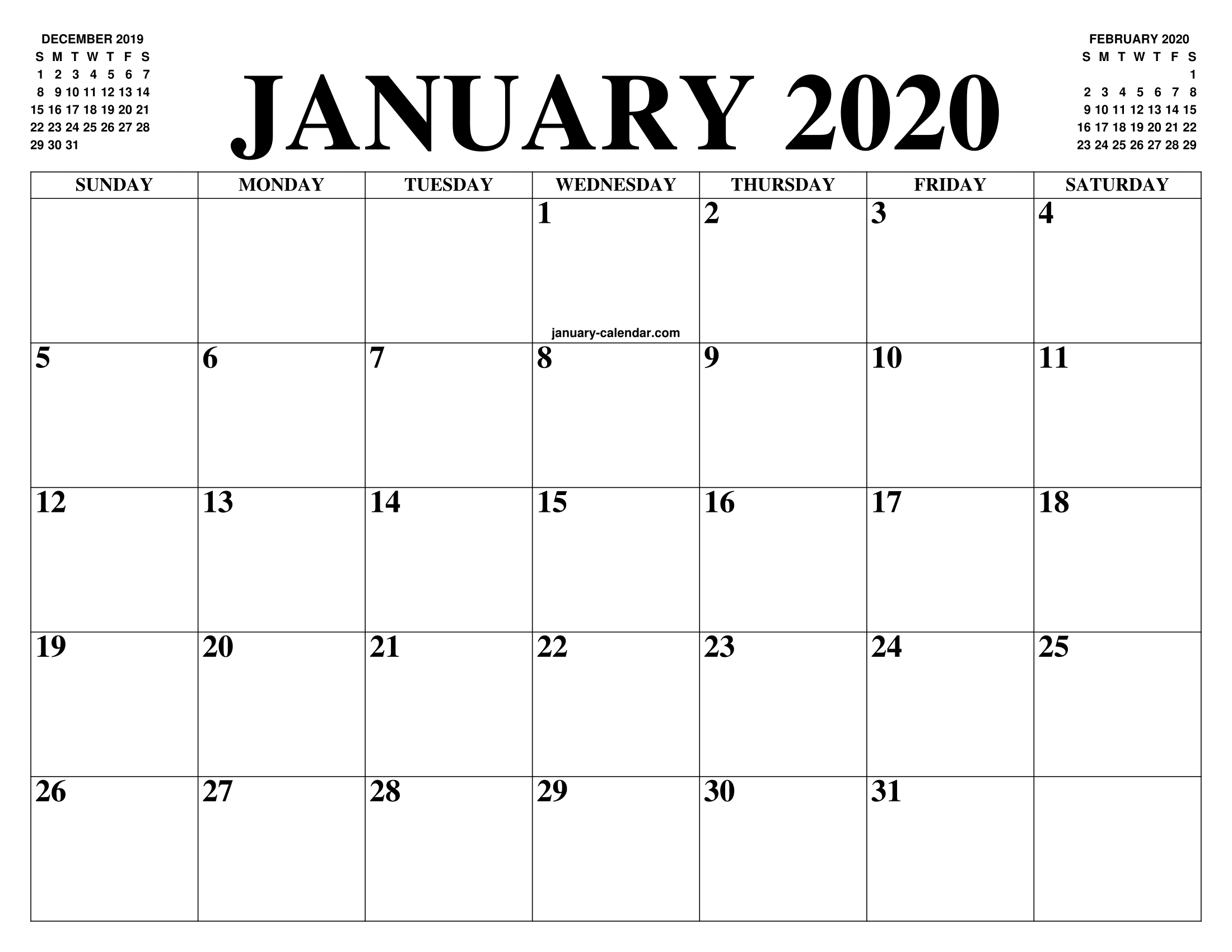 Free January Calendar 2020 Printable Template Blank In Pdf