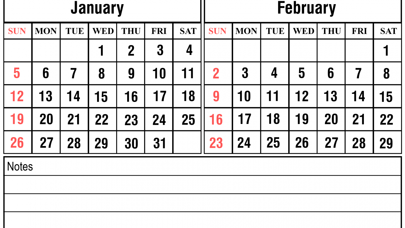 Free January February 2020 Calendar Printable Template