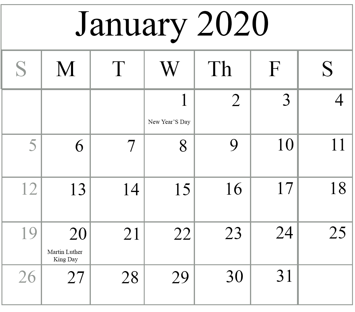 Free January Holidays Calendar 2020 Printable Templates