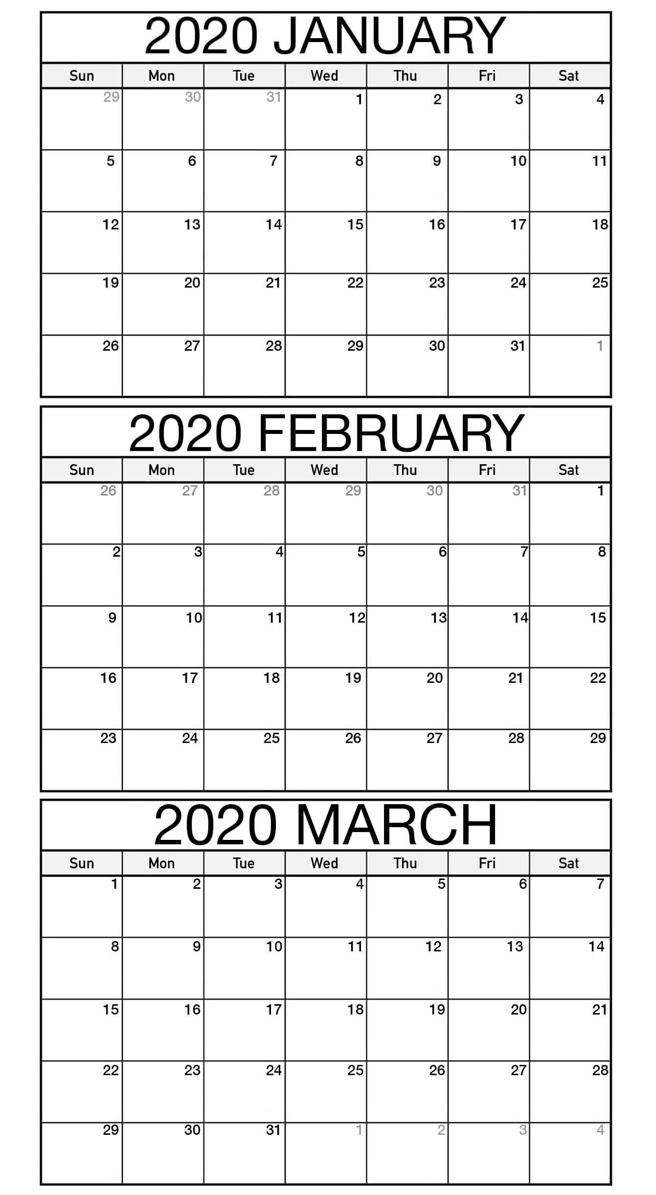 Free January To March 2020 Calendar Template - 2019