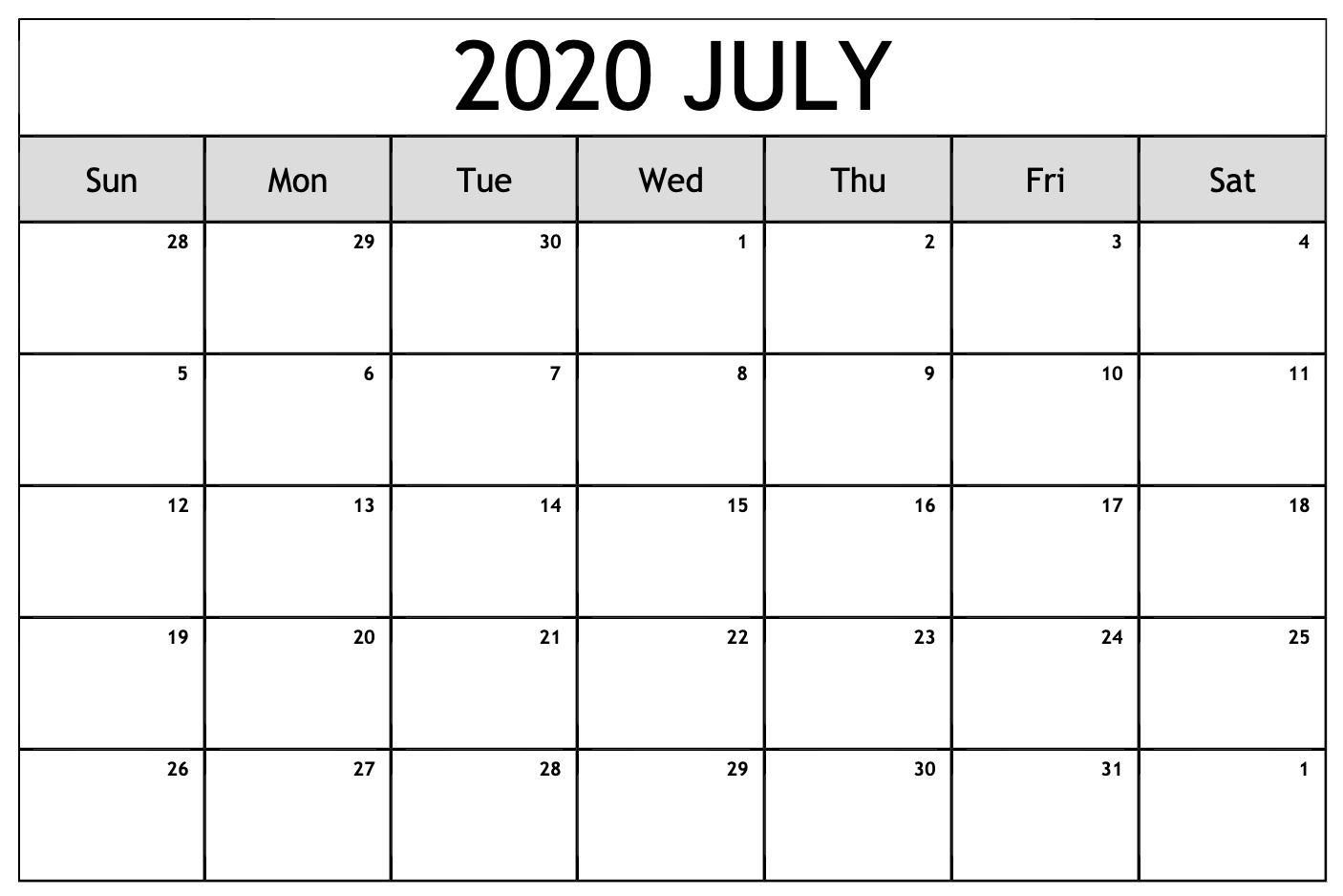 Free July 2020 Calendar – Blank Printable Template