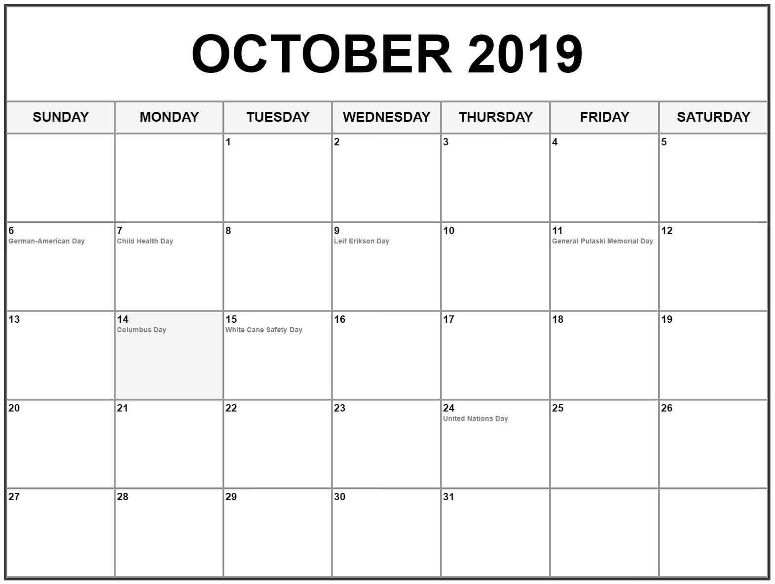 Free October 2019 Calendar Printable Template Pdf Word Excel