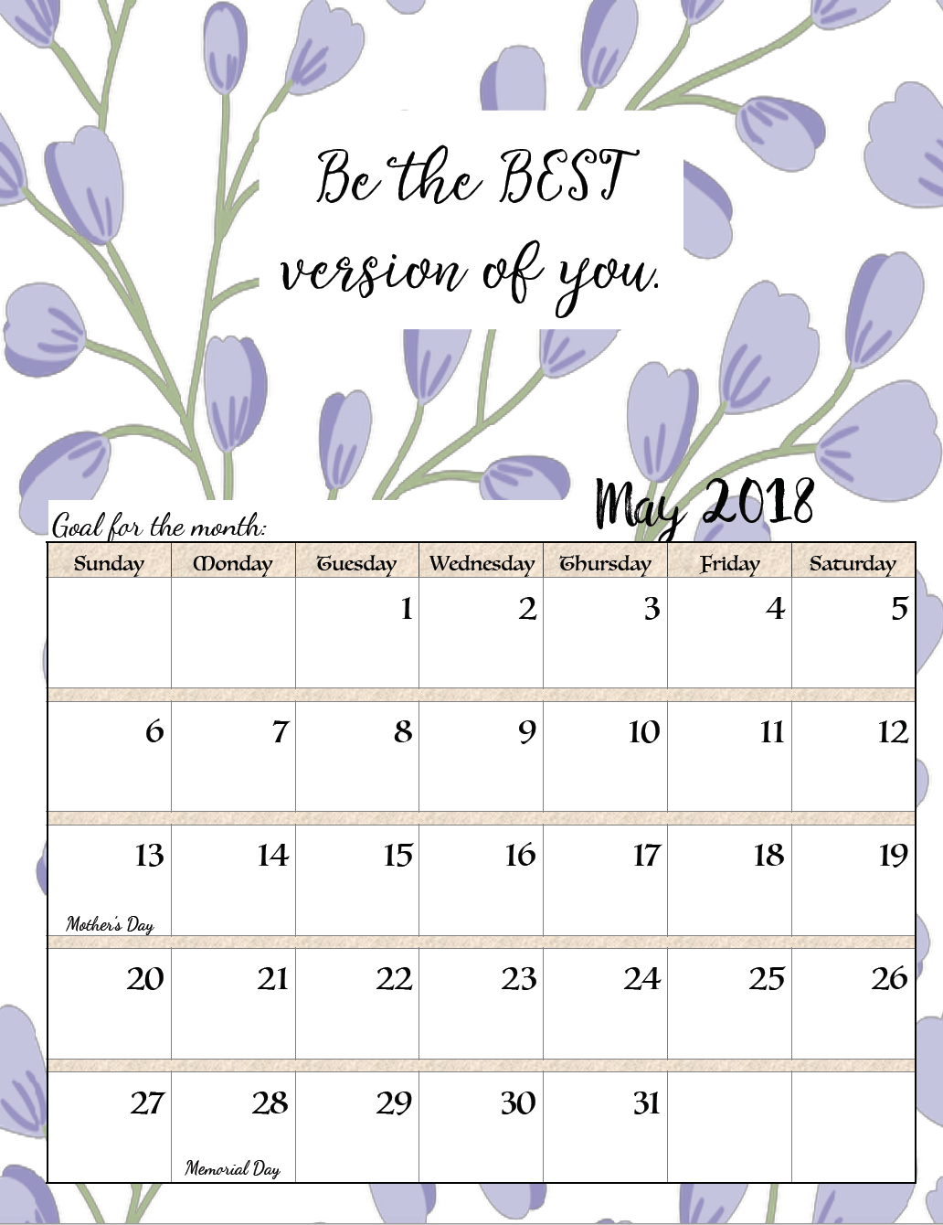 Free Printable 2018 Monthly Motivational Calendars | May