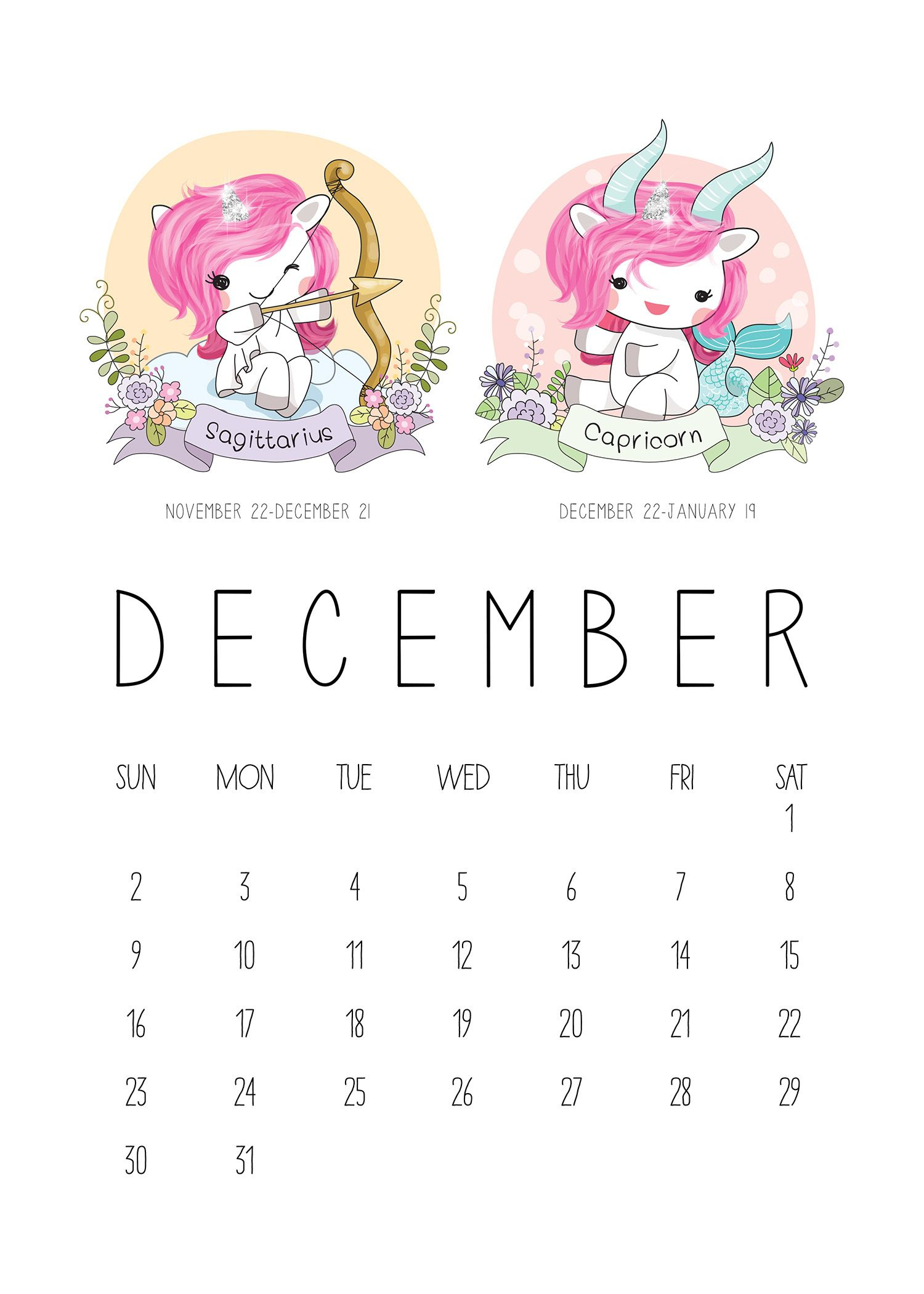 Free Printable 2018 Zodiac Sign Kawaii Unicorn Calendar