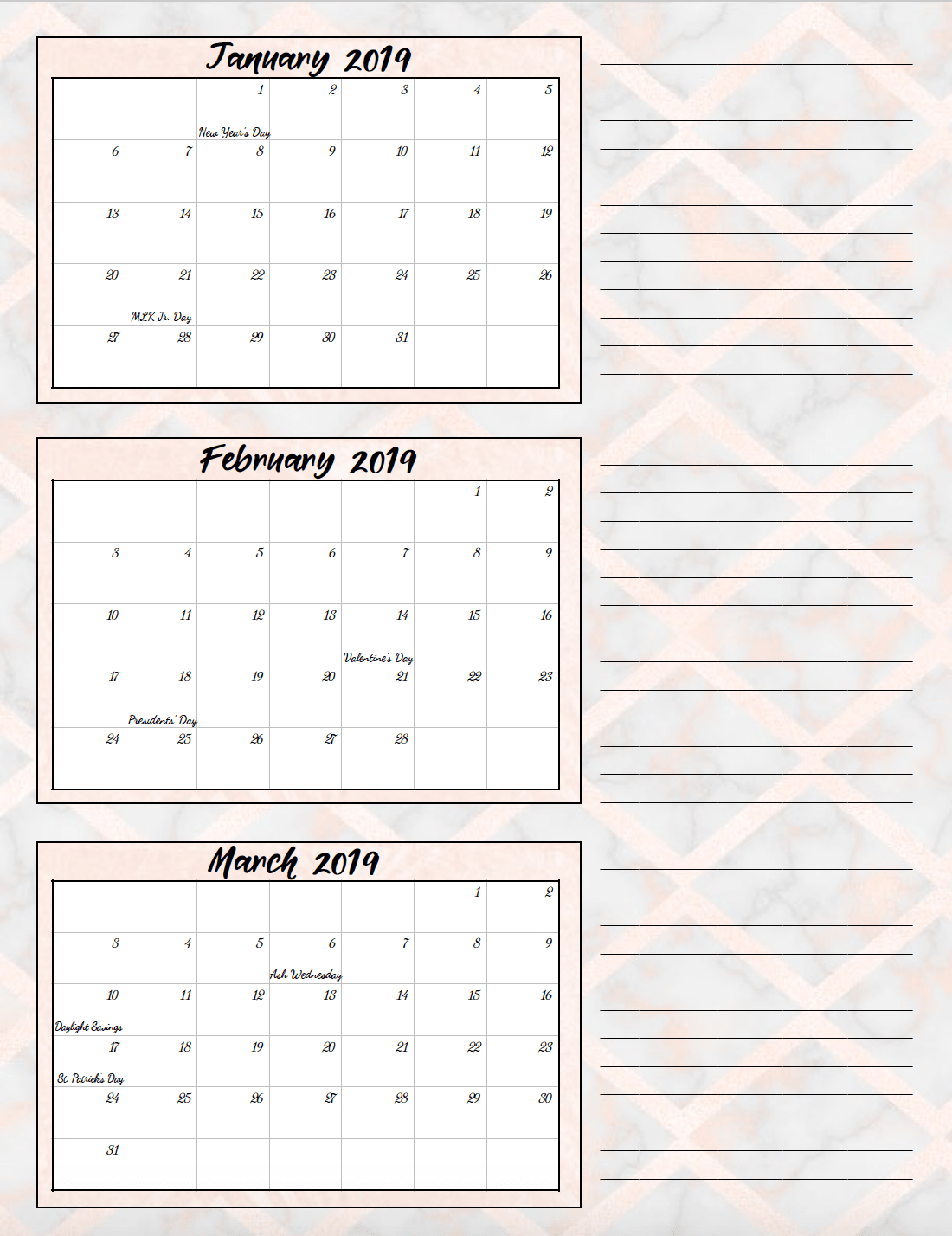 Free Printable 2019 Quarterly Calendars With Holidays: 3 Designs