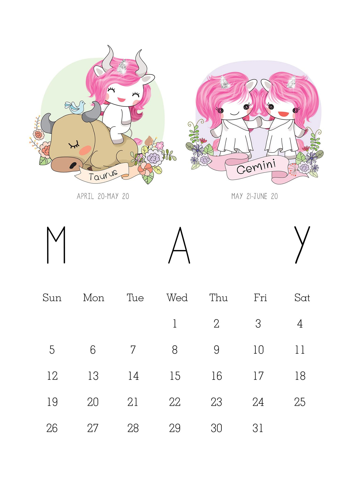 Free Printable 2019 Zodiac Sign Kawaii Unicorn Calendar