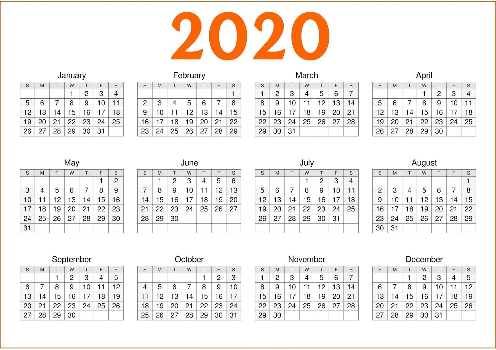 Free Printable 2020 Calendar – One Page Template | 12 Month